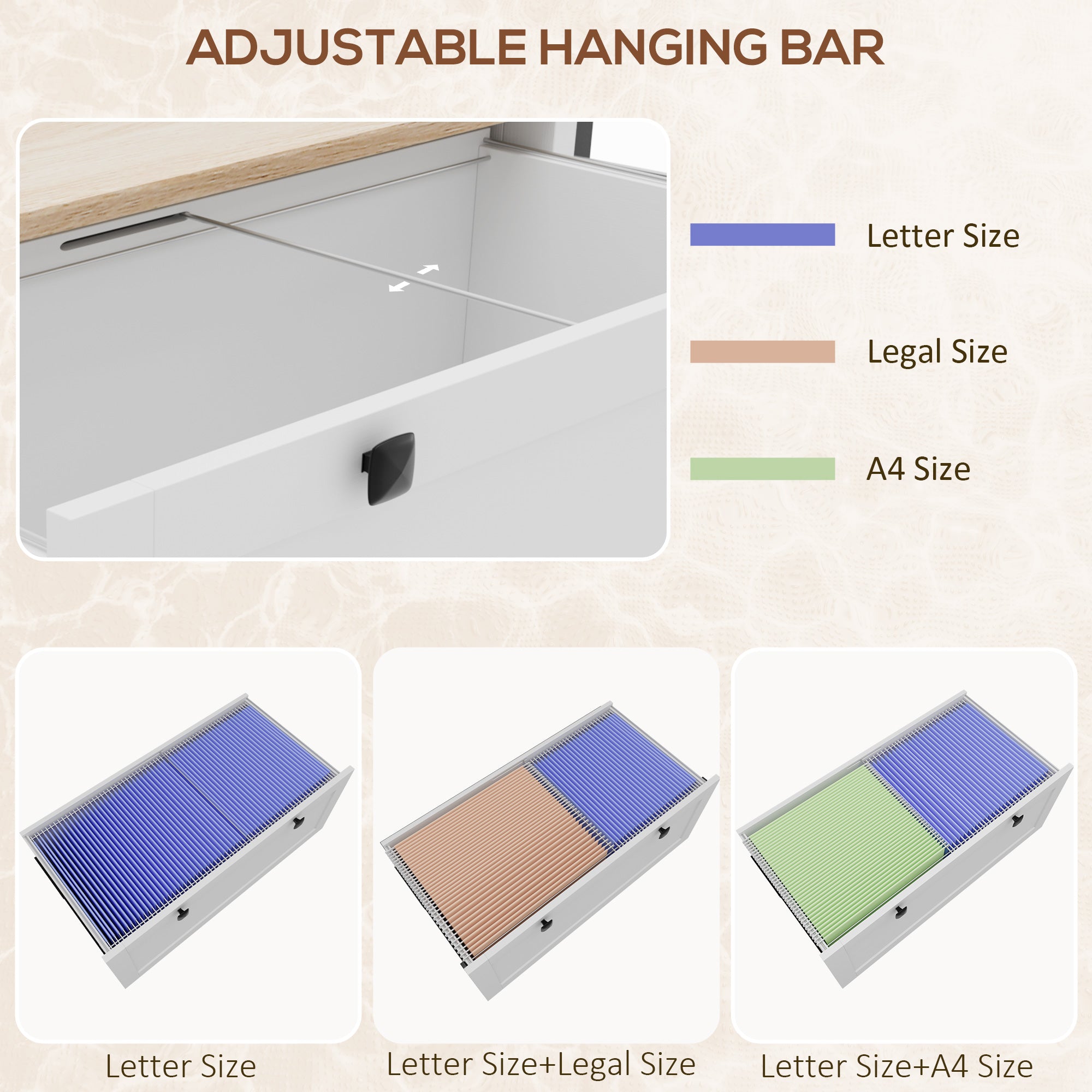 HOMCOM Lateral File Cabinet with 2 Drawer, Lockable Filing Cabinet with Adjustable Hanging Bar for Letter, A4 and Legal Size, White