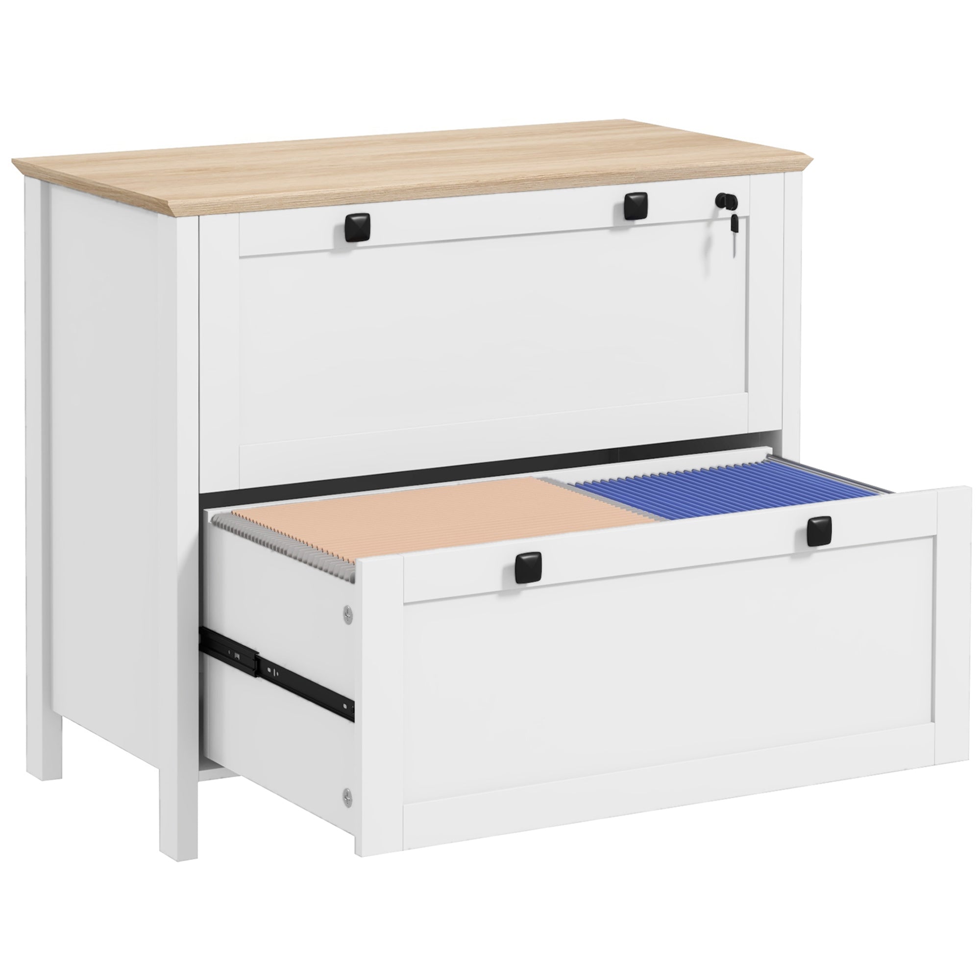 HOMCOM Lateral File Cabinet with 2 Drawer, Lockable Filing Cabinet with Adjustable Hanging Bar for Letter, A4 and Legal Size, White