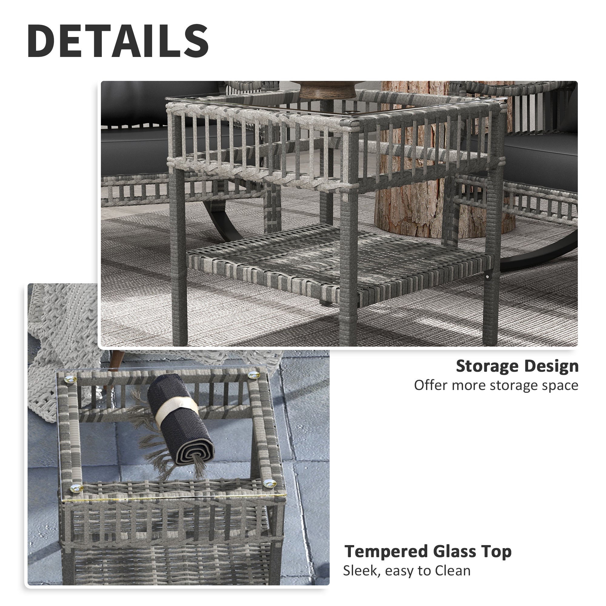 Outsunny 3 Pieces Outdoor PE Rattan Rocking Chair Set, Patio Wicker Rocker Chair Bistro set with Padded Cushions and Storage, for Garden Backyard Porch, Mixed Grey