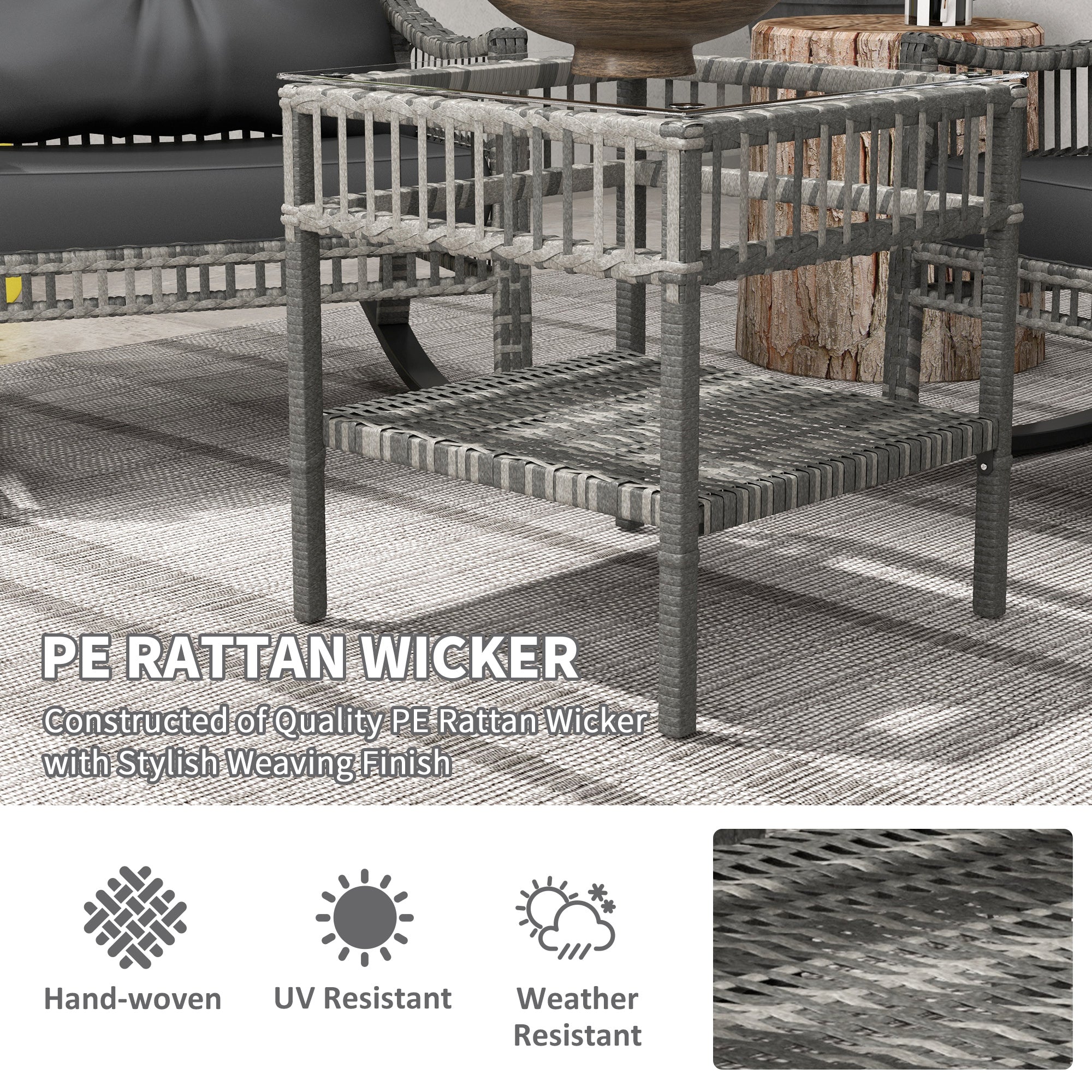Outsunny 3 Pieces Outdoor PE Rattan Rocking Chair Set, Patio Wicker Rocker Chair Bistro set with Padded Cushions and Storage, for Garden Backyard Porch, Mixed Grey