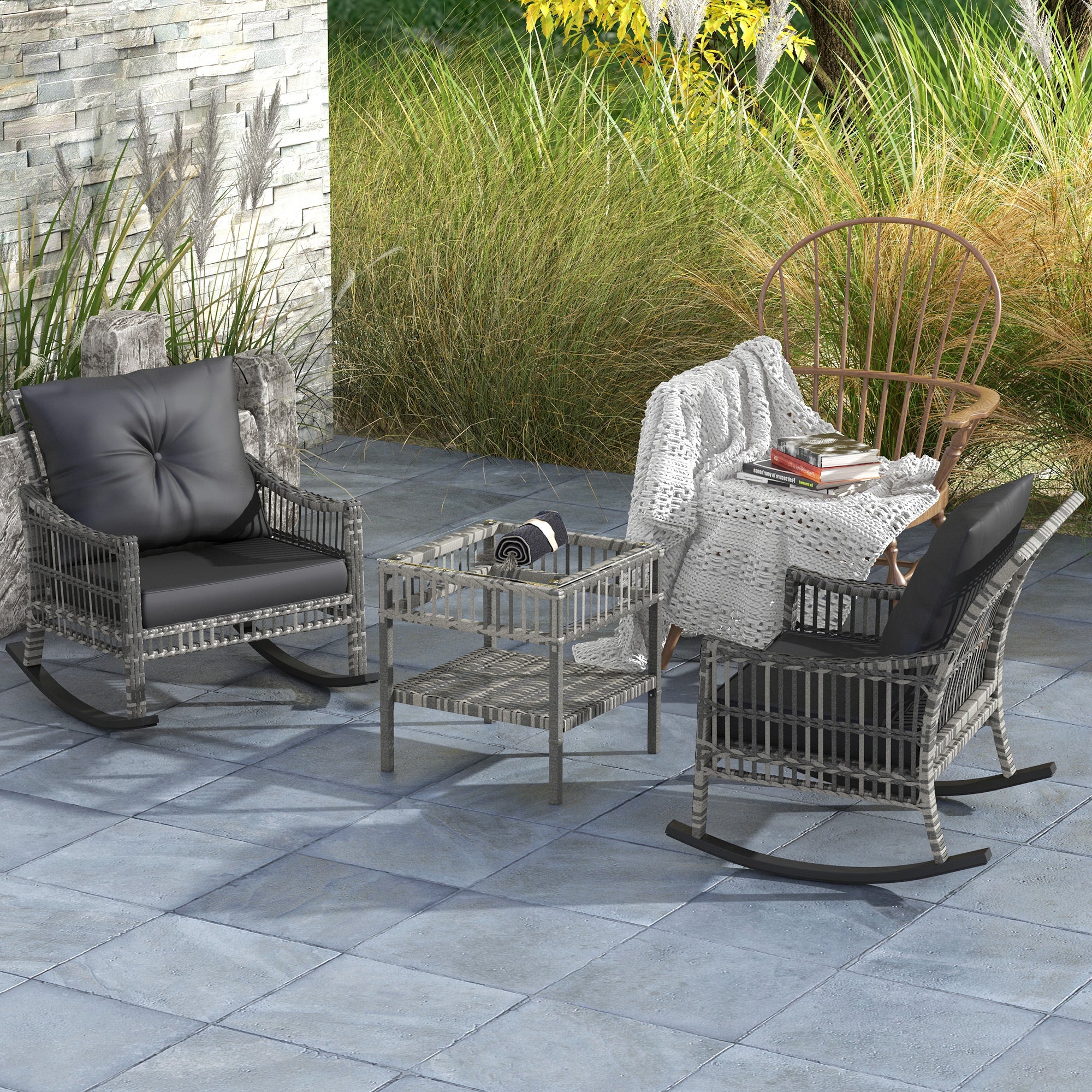 Outsunny 3 Pieces Outdoor PE Rattan Rocking Chair Set, Patio Wicker Rocker Chair Bistro set with Padded Cushions and Storage, for Garden Backyard Porch, Mixed Grey