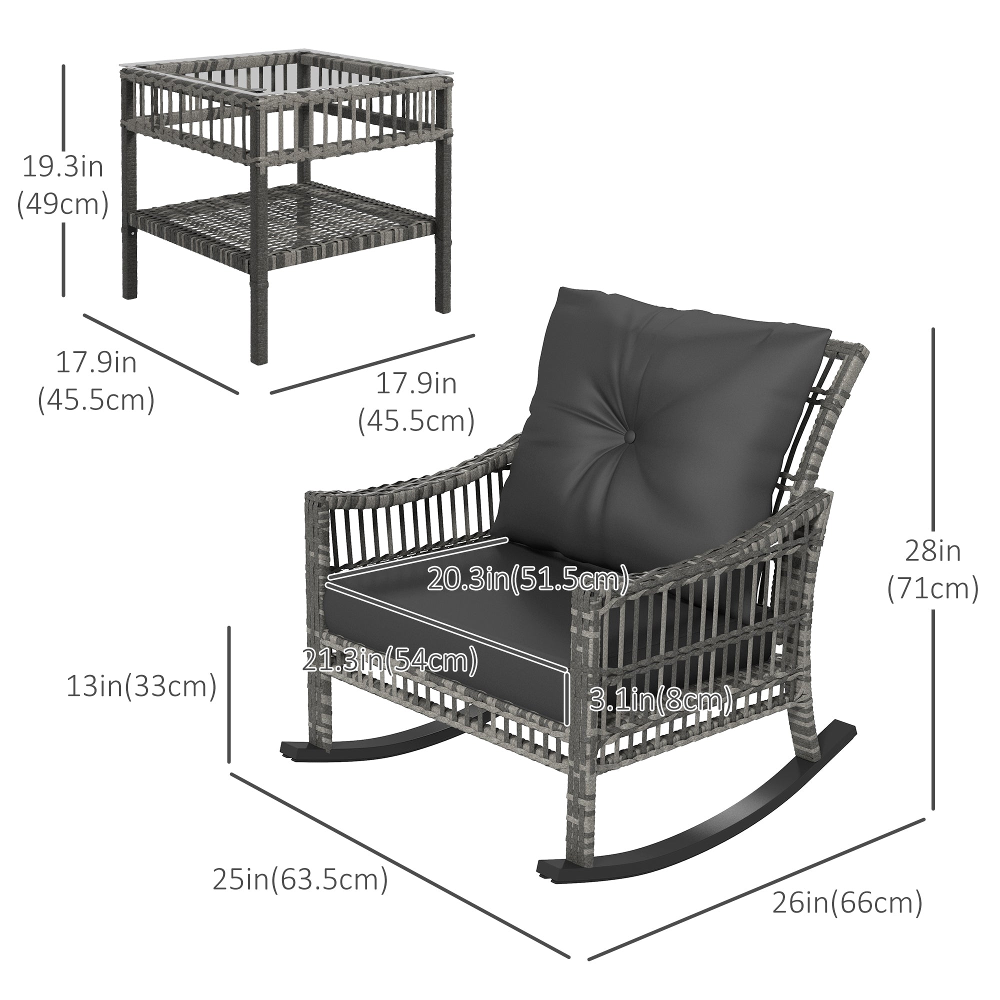 Outsunny 3 Pieces Outdoor PE Rattan Rocking Chair Set, Patio Wicker Rocker Chair Bistro set with Padded Cushions and Storage, for Garden Backyard Porch, Mixed Grey