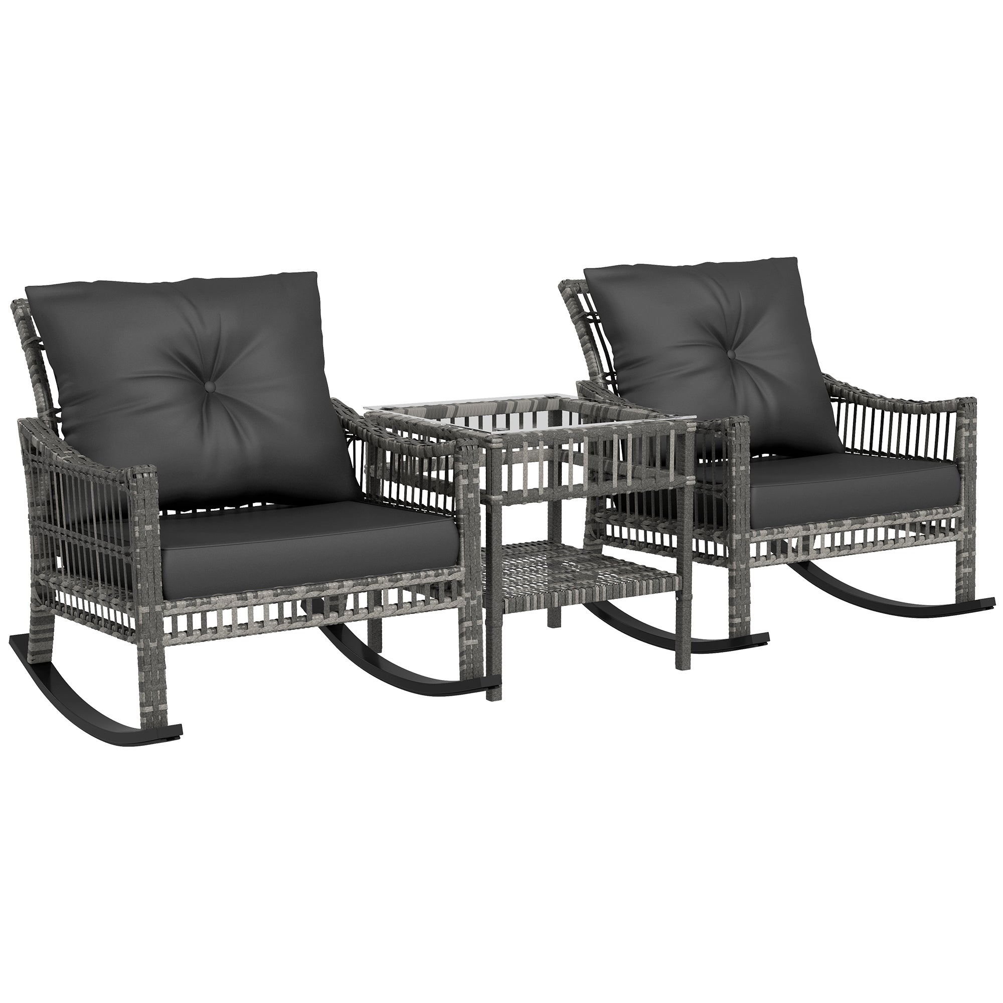 Outsunny 3 Pieces Outdoor PE Rattan Rocking Chair Set, Patio Wicker Rocker Chair Bistro set with Padded Cushions and Storage, for Garden Backyard Porch, Mixed Grey