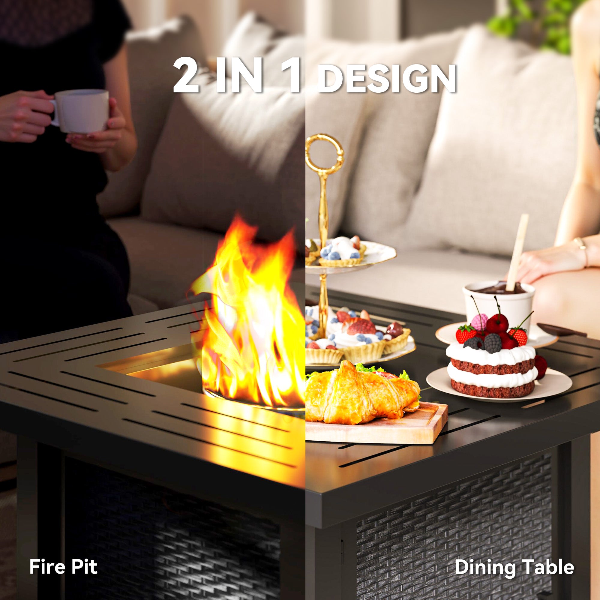 Outsunny Square Gas Fire Pit Table, 40000 BTU Rattan Smokeless Firepit Patio Heater with Protective Cover, Lava Rocks and Lid, Black