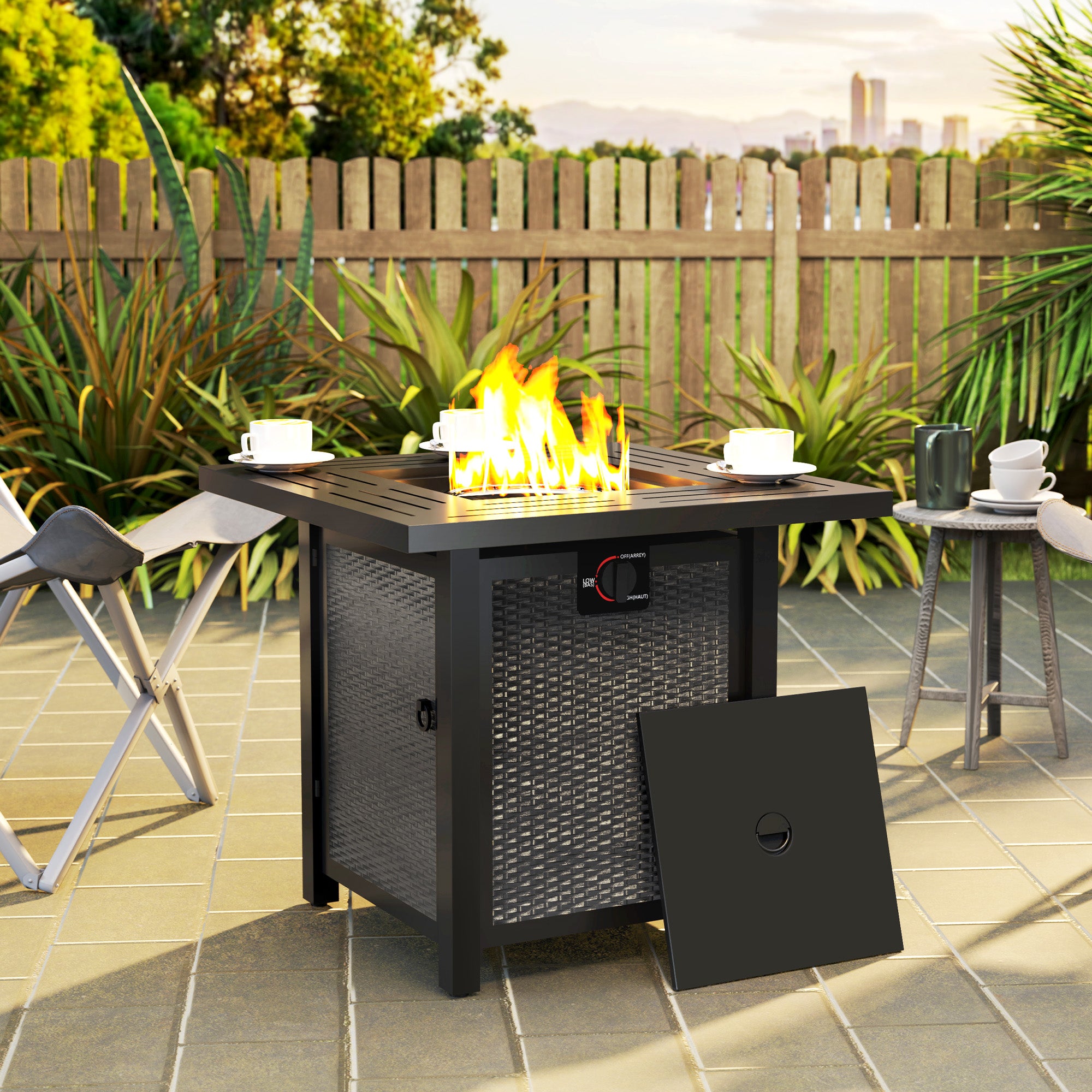 Outsunny Square Gas Fire Pit Table, 40000 BTU Rattan Smokeless Firepit Patio Heater with Protective Cover, Lava Rocks and Lid, Black