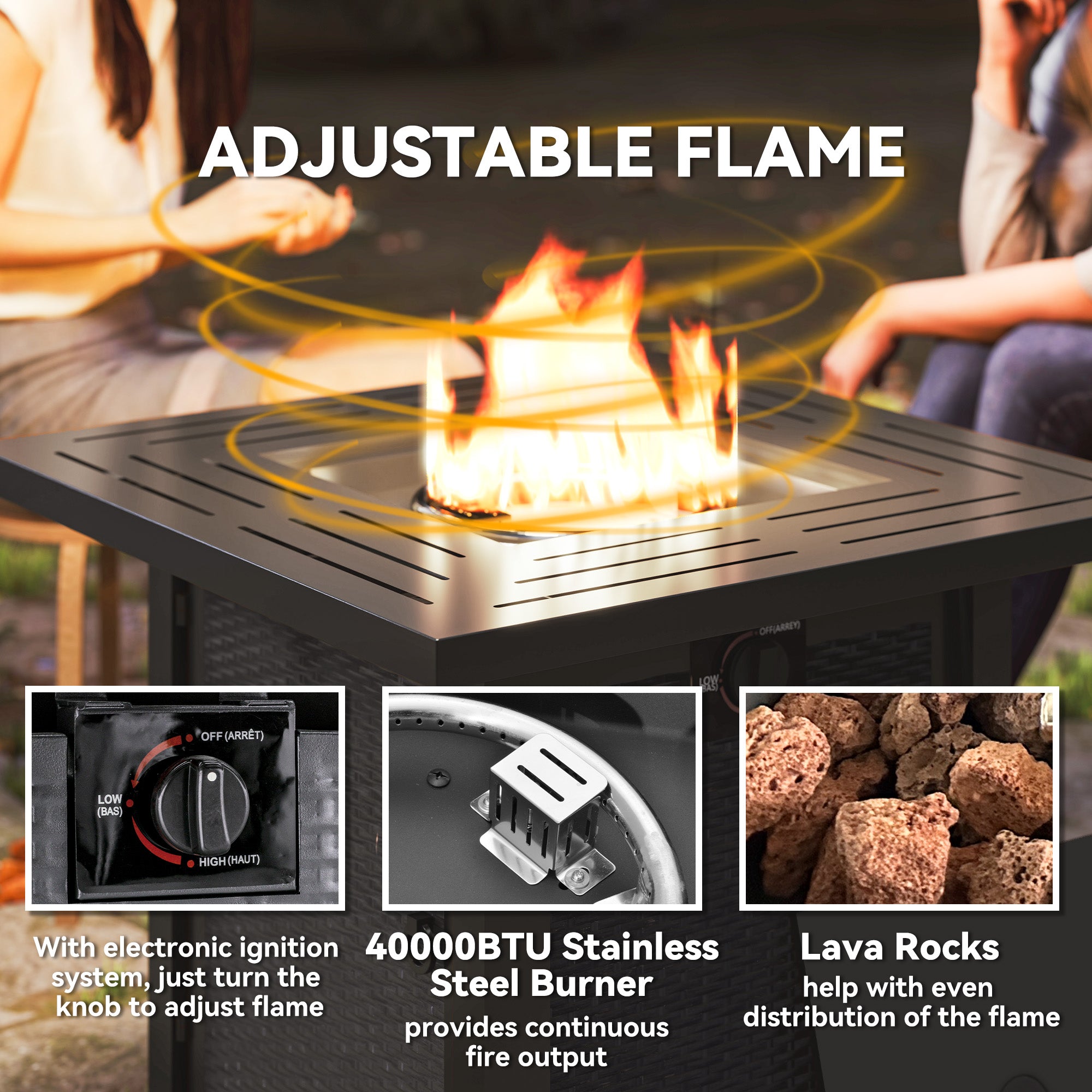 Outsunny Square Gas Fire Pit Table, 40000 BTU Rattan Smokeless Firepit Patio Heater with Protective Cover, Lava Rocks and Lid, Black
