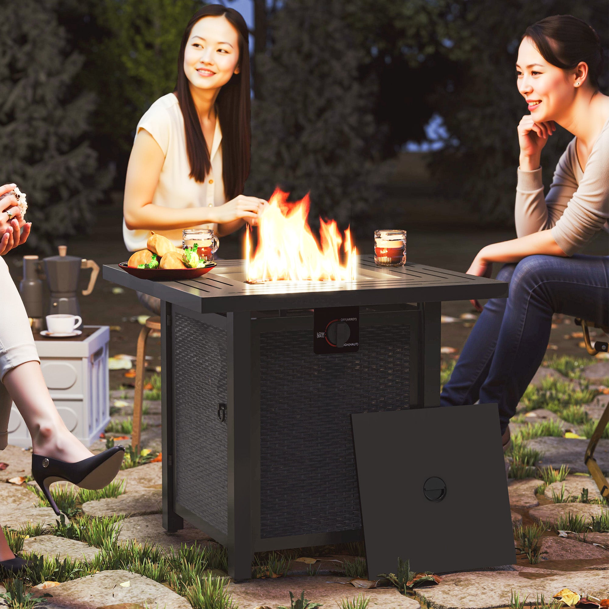Outsunny Square Gas Fire Pit Table, 40000 BTU Rattan Smokeless Firepit Patio Heater with Protective Cover, Lava Rocks and Lid, Black