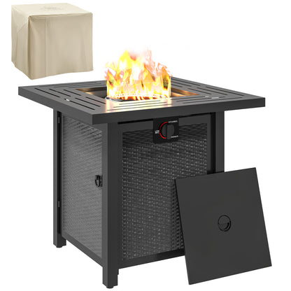 Outsunny Square Gas Fire Pit Table, 40000 BTU Rattan Smokeless Firepit Patio Heater with Protective Cover, Lava Rocks and Lid, Black