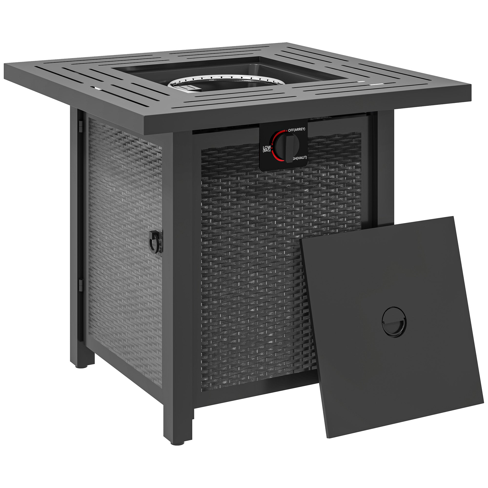Outsunny Square Gas Fire Pit Table, 40000 BTU Rattan Smokeless Firepit Patio Heater with Protective Cover, Lava Rocks and Lid, Black