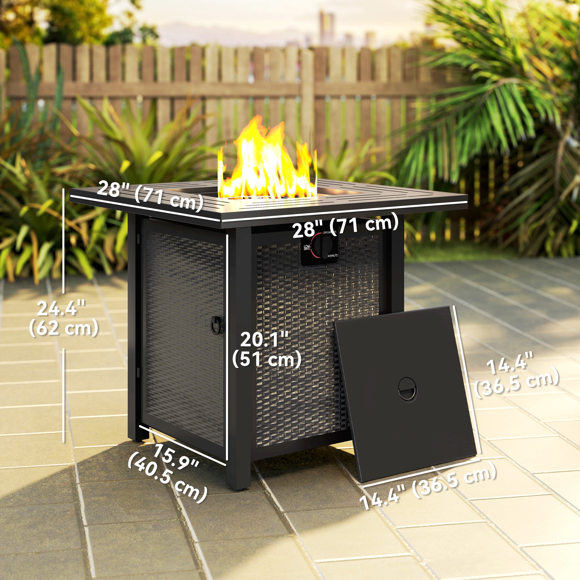 Outsunny Square Gas Fire Pit Table, 40000 BTU Rattan Smokeless Firepit Patio Heater with Protective Cover, Lava Rocks and Lid, Black