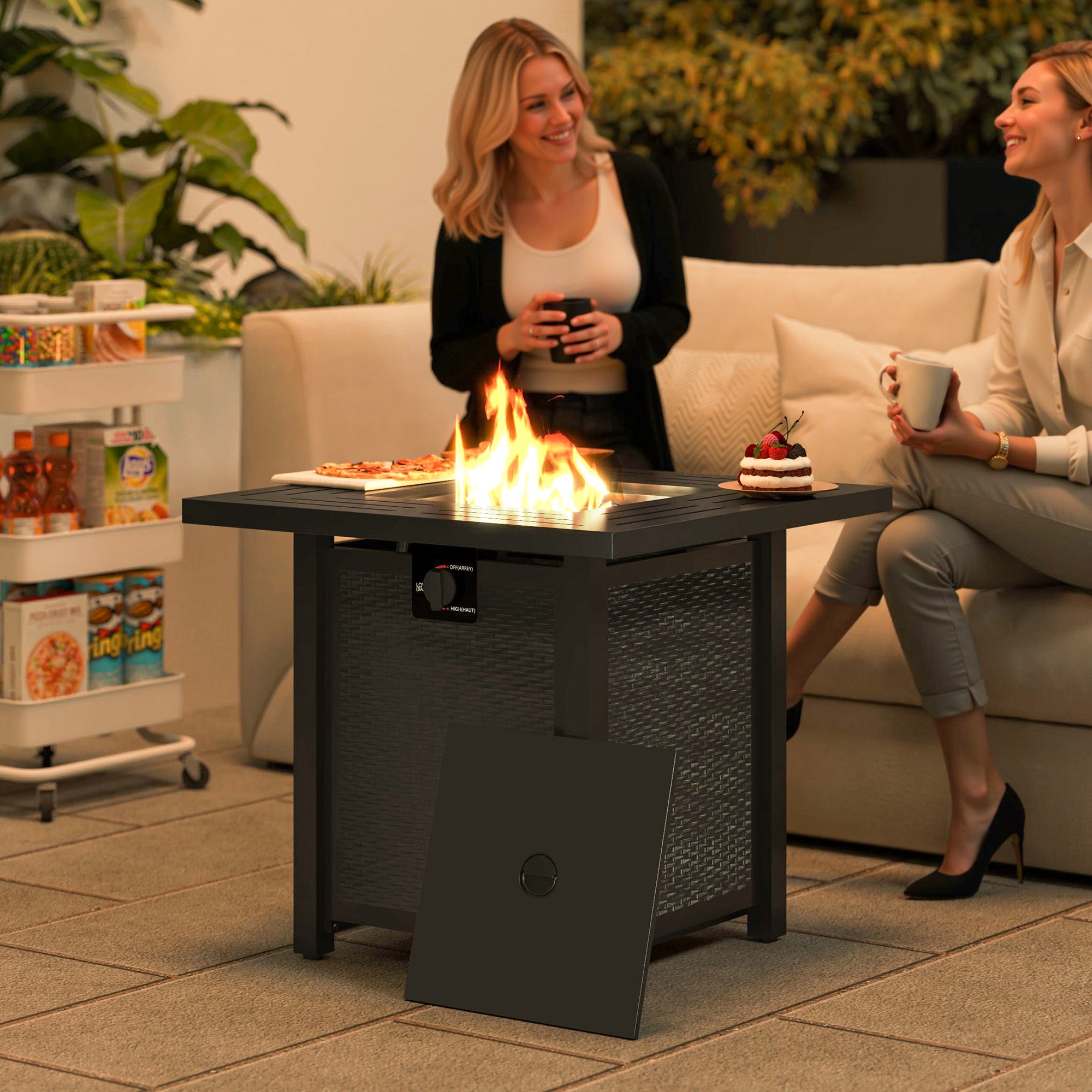 Outsunny Square Gas Fire Pit Table, 40000 BTU Rattan Smokeless Firepit Patio Heater with Protective Cover, Lava Rocks and Lid, Black