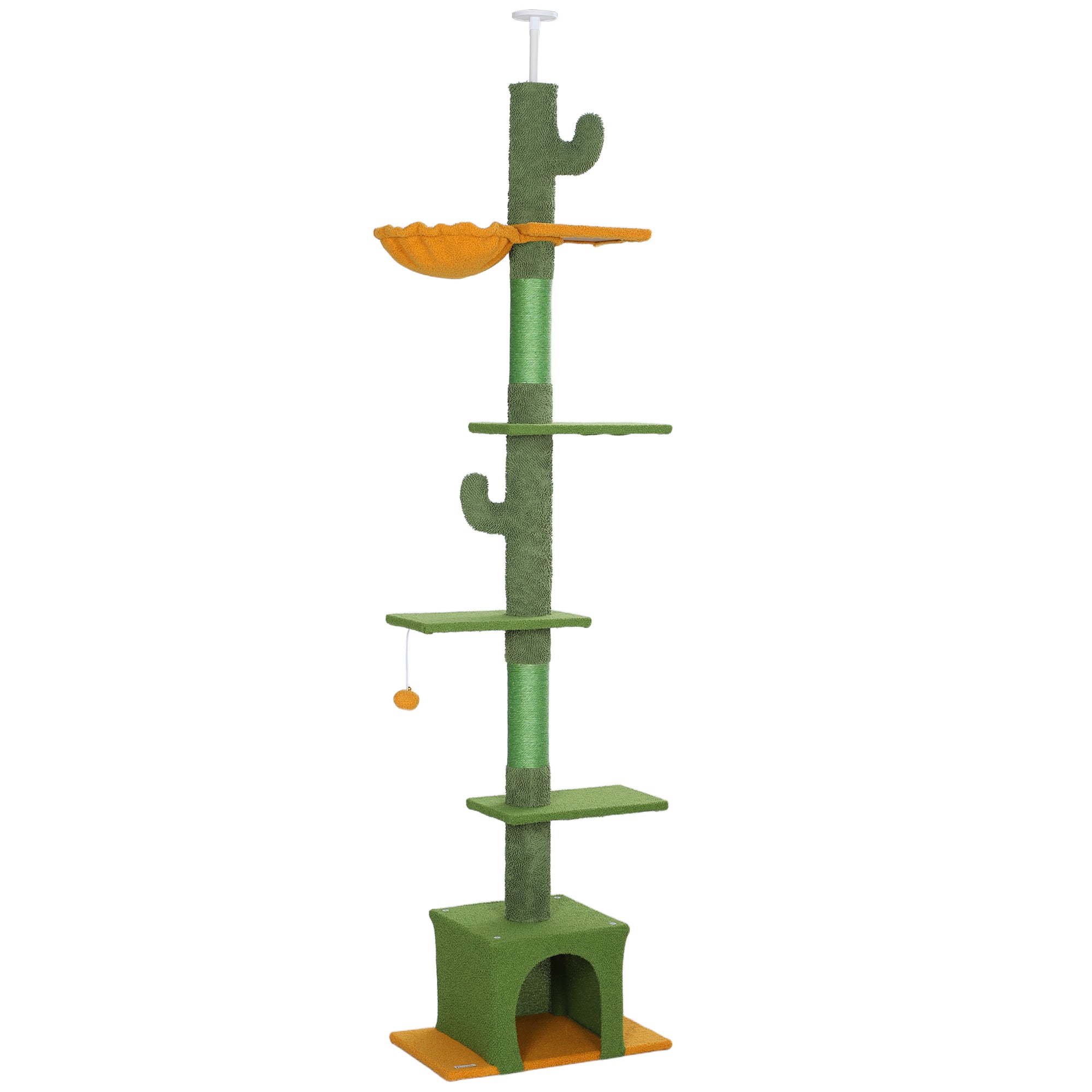 PawHut Floor-to-Ceiling Cat Tree, 230-275cm Height Adjustable Cat Tower, 6-Level Activity Centre for Indoor Cats with Scratching Posts, Cat House, Hammock, Toy Ball, Green