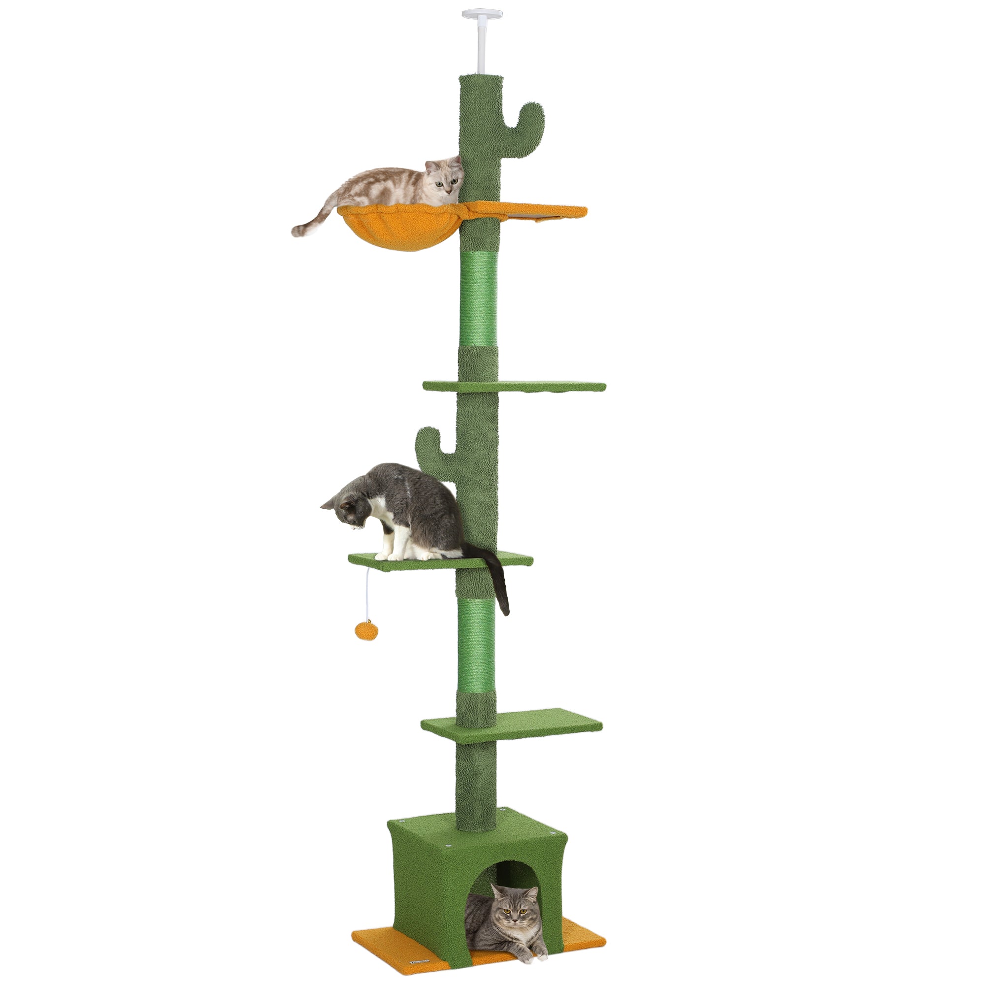 PawHut Floor to Ceiling Cat Tree, Cat Tower with 90.5"-108" Adjustable Height, 5 Tier Activity Centre with Scratching Posts, Hammock, Condo, Toy Ball for Indoor Cats, Green