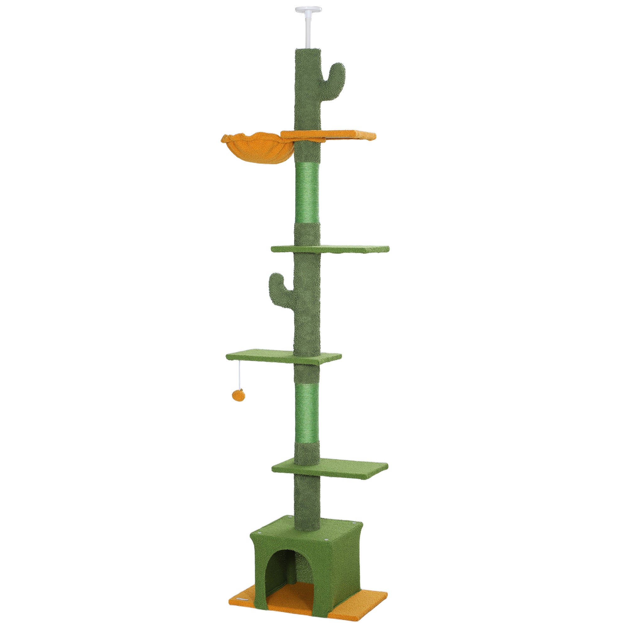 PawHut Floor to Ceiling Cat Tree, Cat Tower with 90.5"-108" Adjustable Height, 5 Tier Activity Centre with Scratching Posts, Hammock, Condo, Toy Ball for Indoor Cats, Green