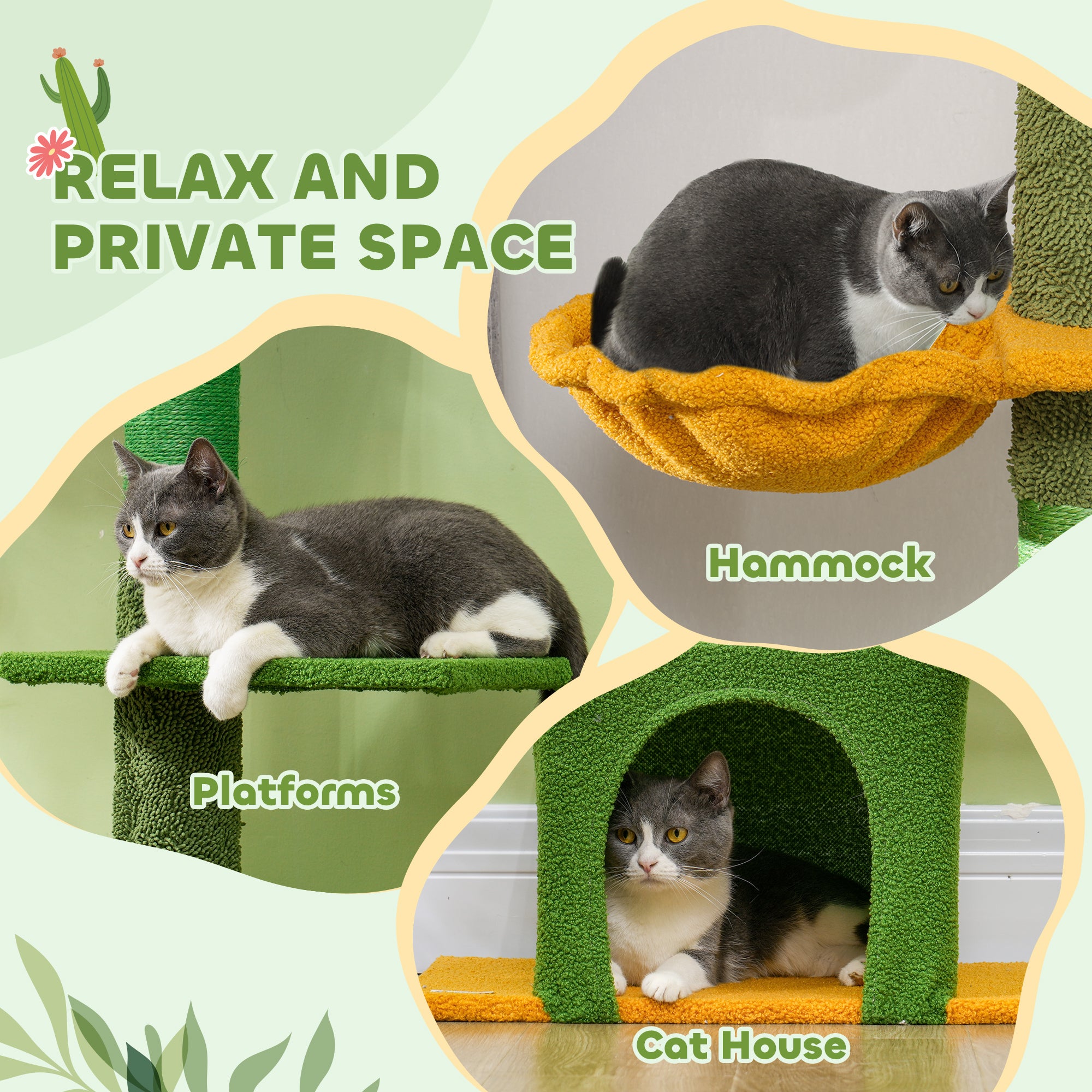 PawHut Floor to Ceiling Cat Tree, Cat Tower with 90.5"-108" Adjustable Height, 5 Tier Activity Centre with Scratching Posts, Hammock, Condo, Toy Ball for Indoor Cats, Green