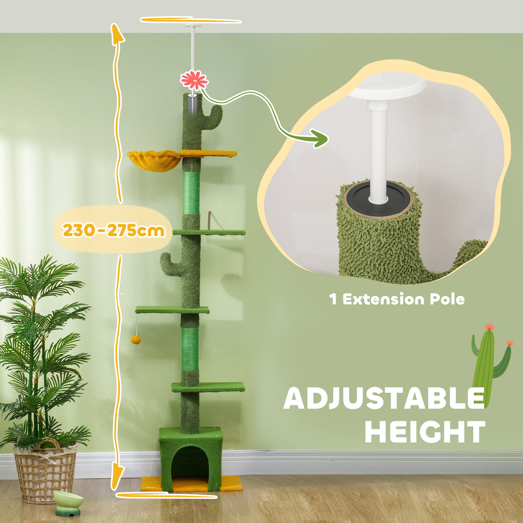 PawHut Floor to Ceiling Cat Tree, Cat Tower with 90.5"-108" Adjustable Height, 5 Tier Activity Centre with Scratching Posts, Hammock, Condo, Toy Ball for Indoor Cats, Green