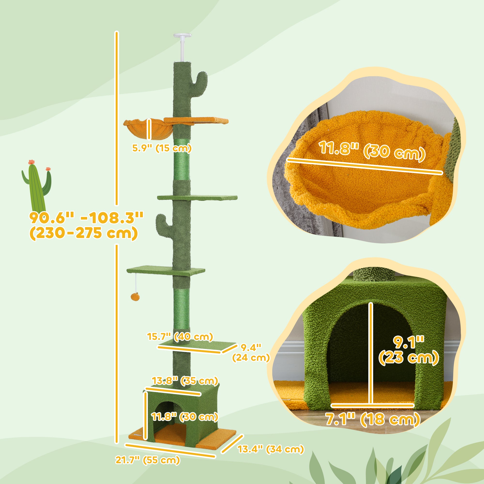 PawHut Floor to Ceiling Cat Tree, Cat Tower with 90.5"-108" Adjustable Height, 5 Tier Activity Centre with Scratching Posts, Hammock, Condo, Toy Ball for Indoor Cats, Green