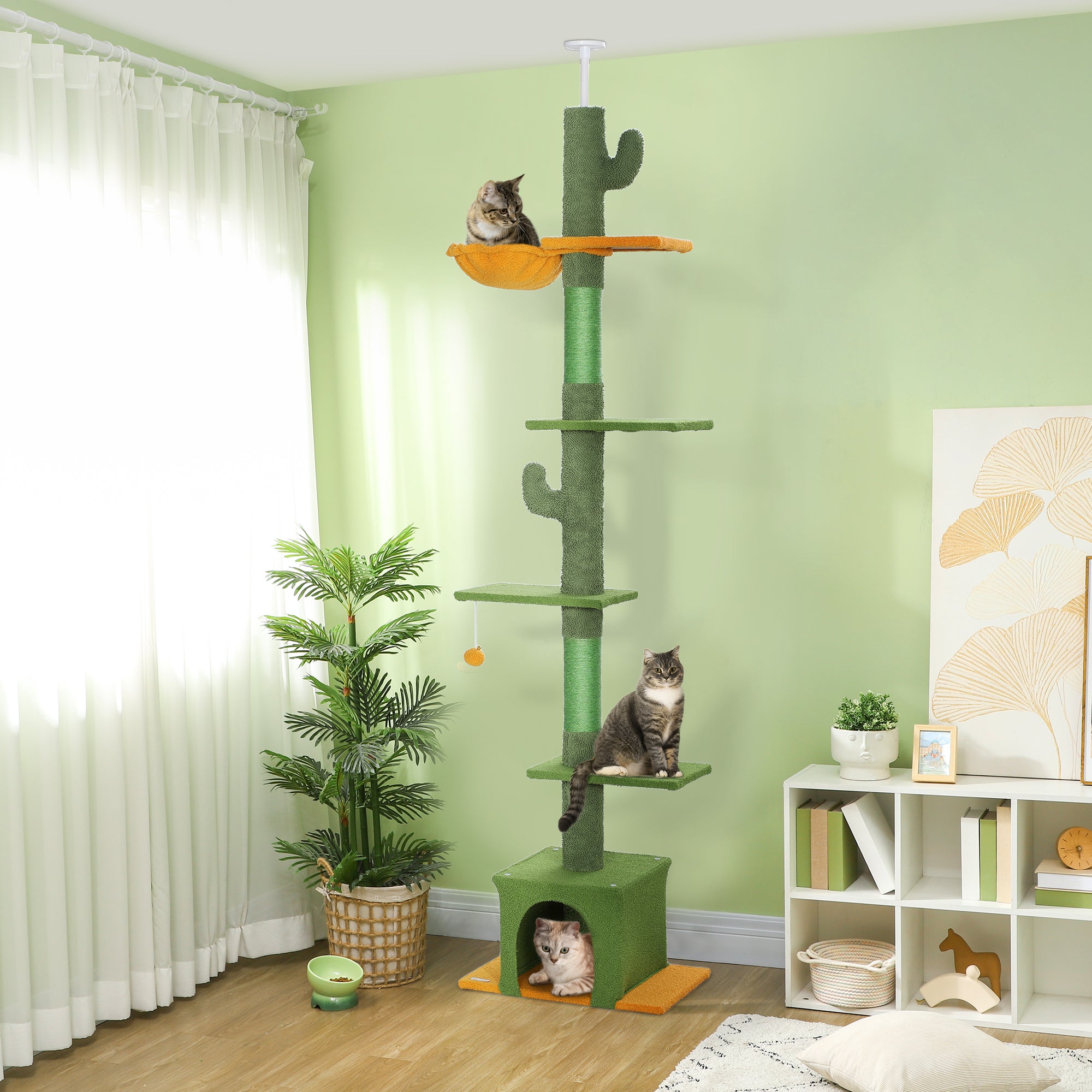 PawHut Floor to Ceiling Cat Tree, Cat Tower with 90.5"-108" Adjustable Height, 5 Tier Activity Centre with Scratching Posts, Hammock, Condo, Toy Ball for Indoor Cats, Green
