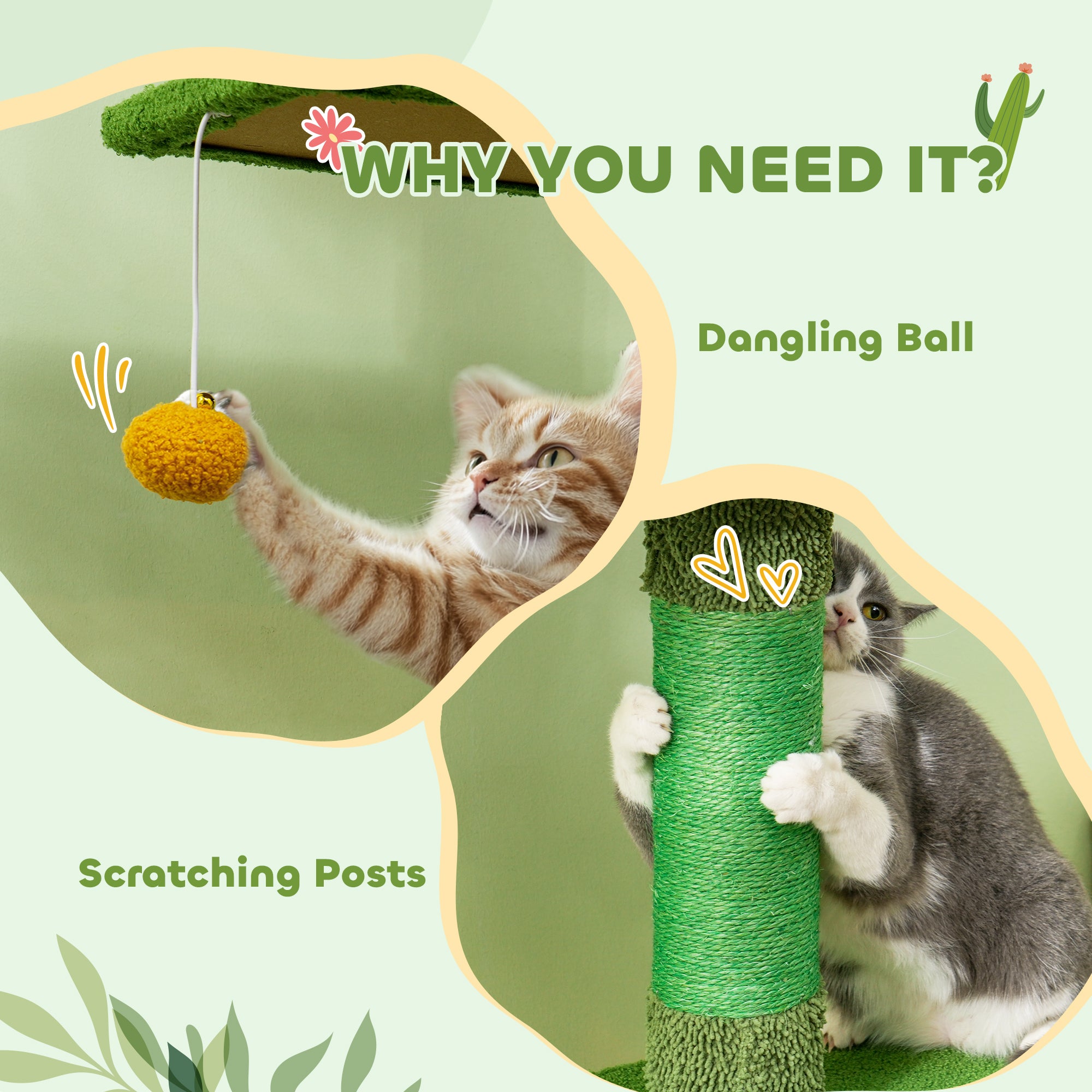 PawHut Floor-to-Ceiling Cat Tree, 230-275cm Height Adjustable Cat Tower, 6-Level Activity Centre for Indoor Cats with Scratching Posts, Cat House, Hammock, Toy Ball, Green