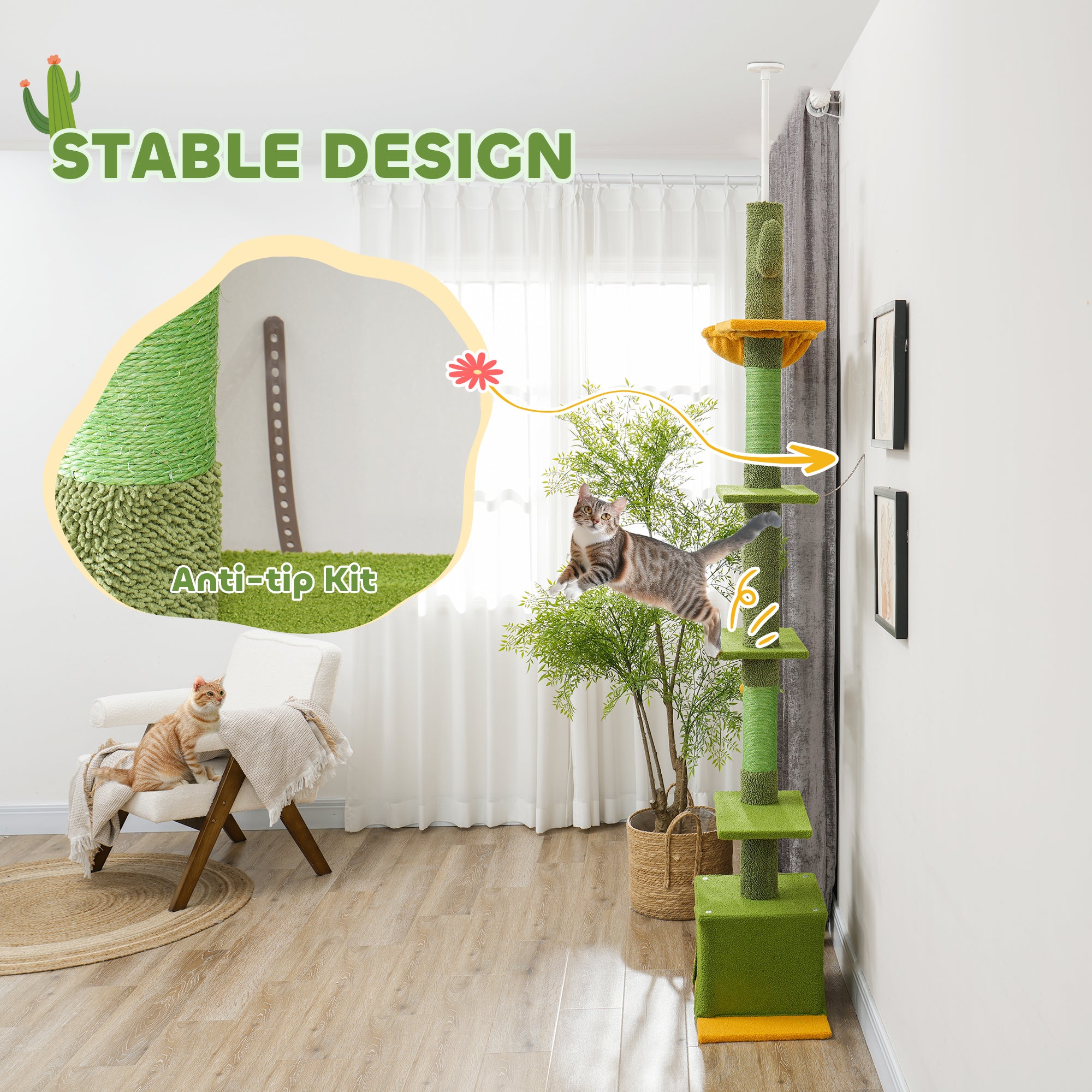 PawHut Floor to Ceiling Cat Tree, Cat Tower with 90.5"-108" Adjustable Height, 5 Tier Activity Centre with Scratching Posts, Hammock, Condo, Toy Ball for Indoor Cats, Green