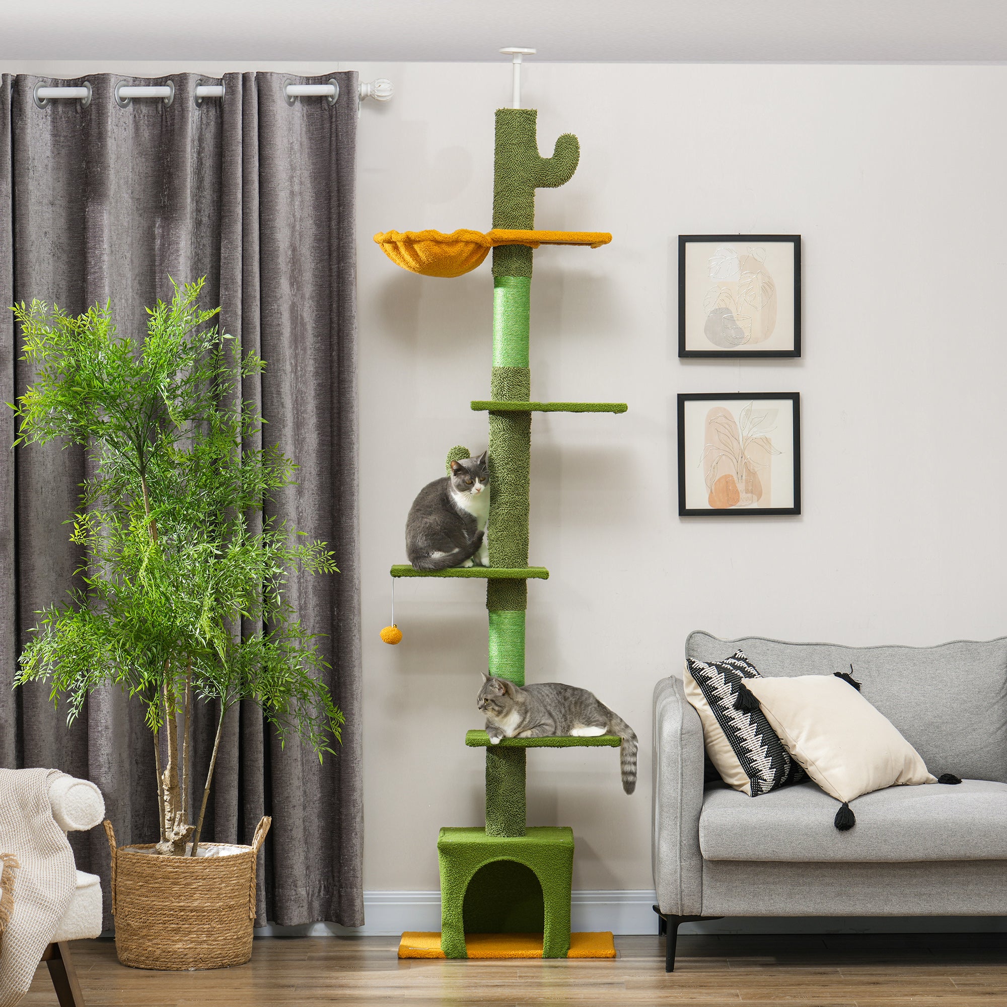 PawHut Floor to Ceiling Cat Tree, Cat Tower with 90.5"-108" Adjustable Height, 5 Tier Activity Centre with Scratching Posts, Hammock, Condo, Toy Ball for Indoor Cats, Green