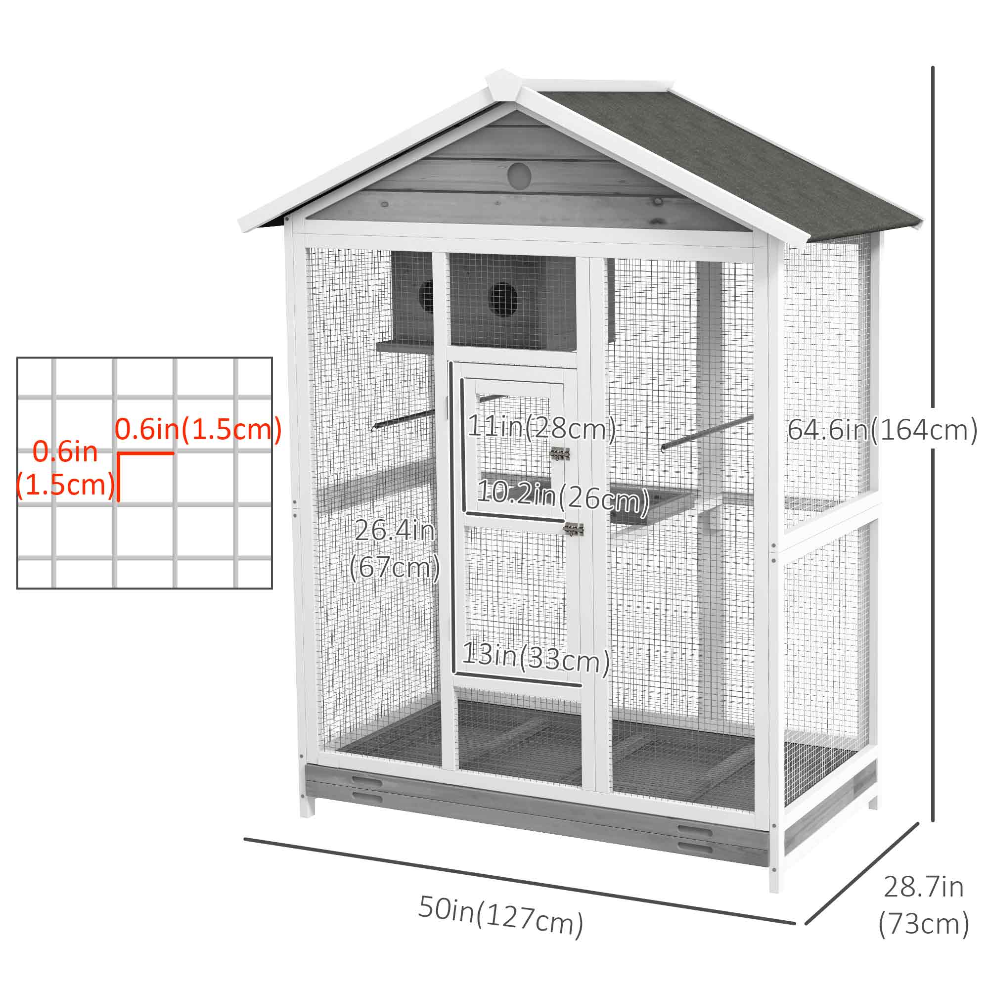 PawHut 65" Bird Cage Large Wooden Aviary for Canary with Standing Pole Nest Slide-out Tray, for Indoor Outdoor, Grey