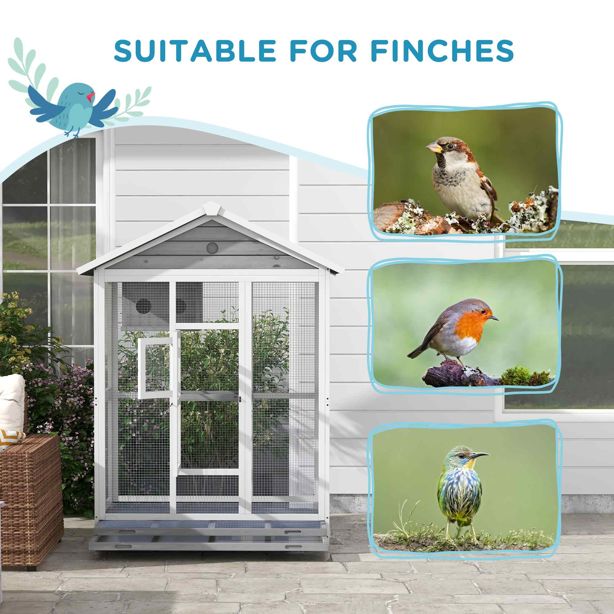 PawHut 64.5" Wooden Bird Cage Aviary, Flight Cage with 4 Perches, Nest and Slide-Out Tray for Indoor/Outdoor, Gray