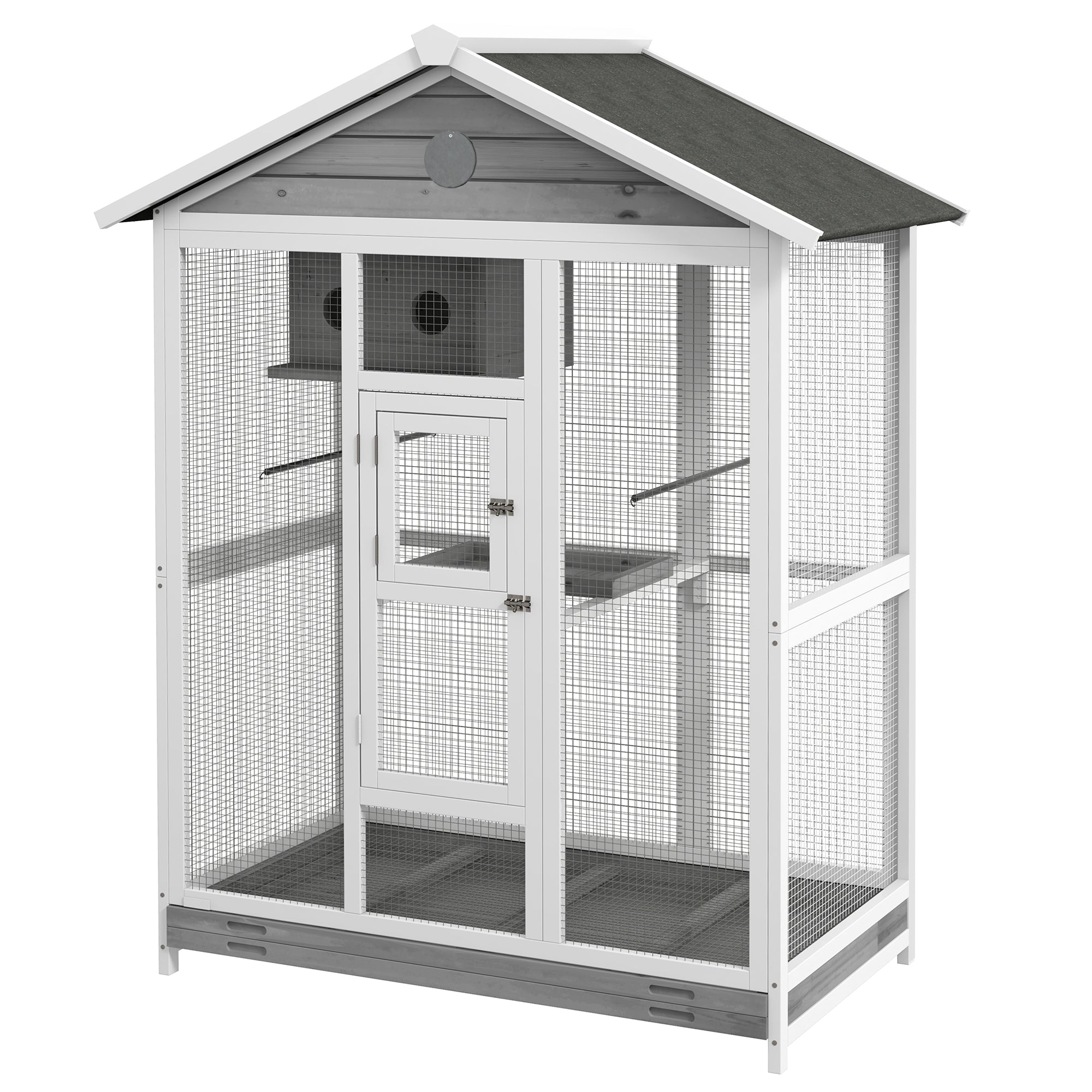 PawHut 64.5" Wooden Bird Cage Aviary, Flight Cage with 4 Perches, Nest and Slide-Out Tray for Indoor/Outdoor, Gray
