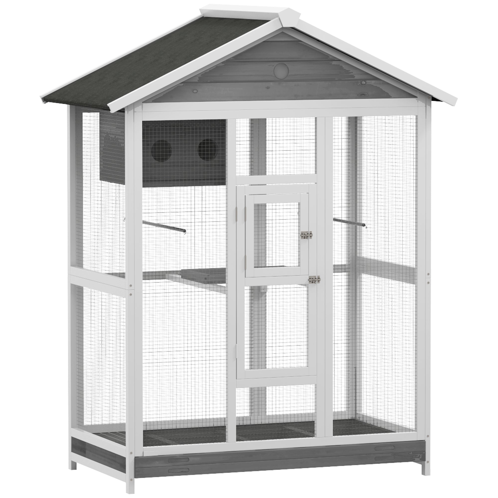 PawHut 64.5" Wooden Bird Cage Aviary, Flight Cage with 4 Perches, Nest and Slide-Out Tray for Indoor/Outdoor, Gray