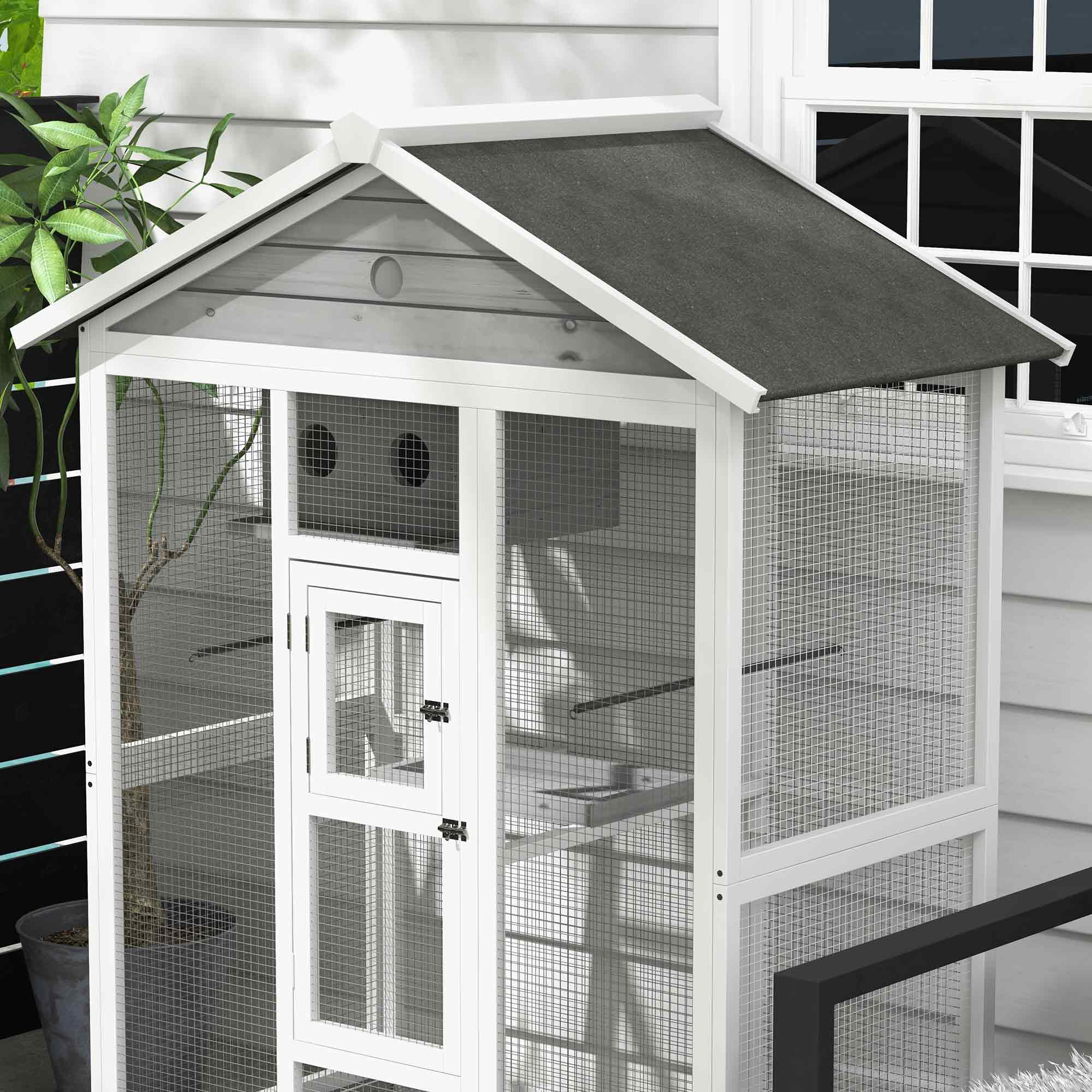 PawHut 64.5" Wooden Bird Cage Aviary, Flight Cage with 4 Perches, Nest and Slide-Out Tray for Indoor/Outdoor, Gray