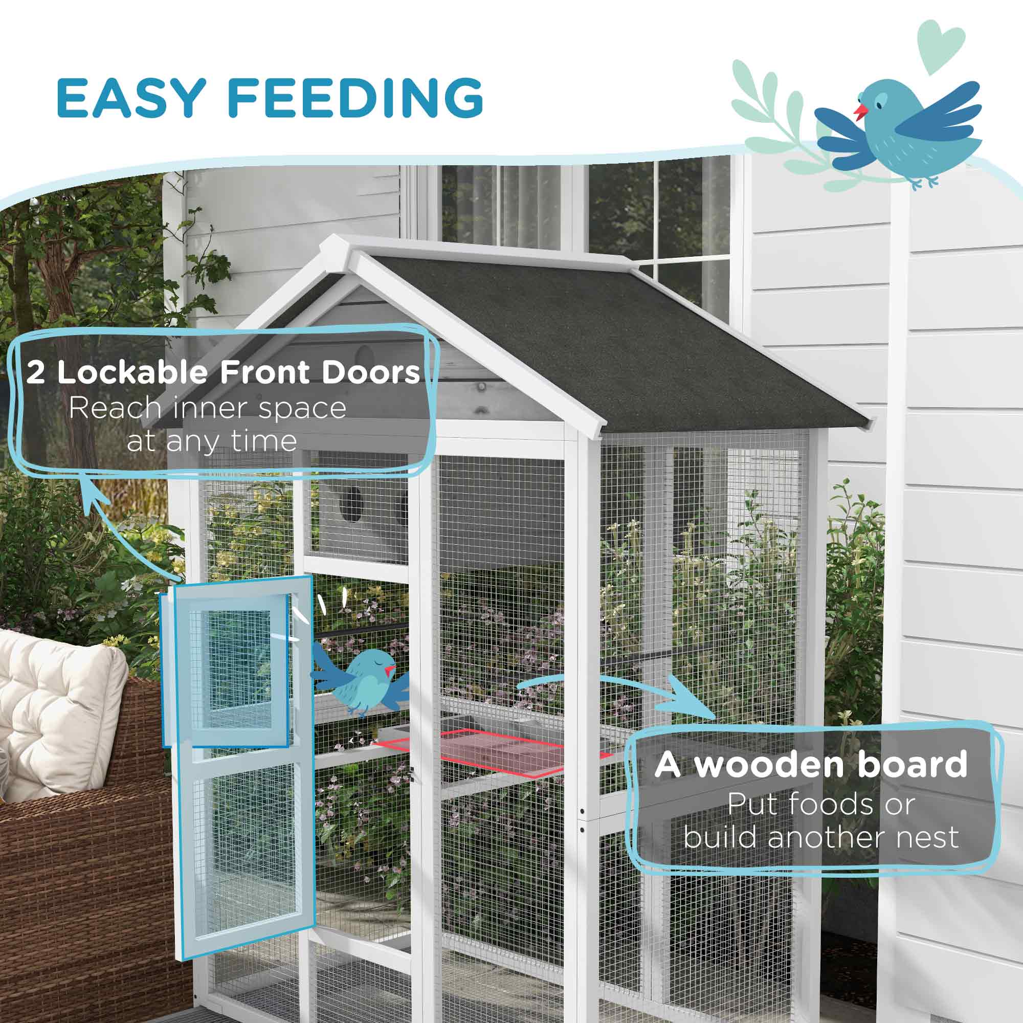 PawHut 64.5" Wooden Bird Cage Aviary, Flight Cage with 4 Perches, Nest and Slide-Out Tray for Indoor/Outdoor, Gray