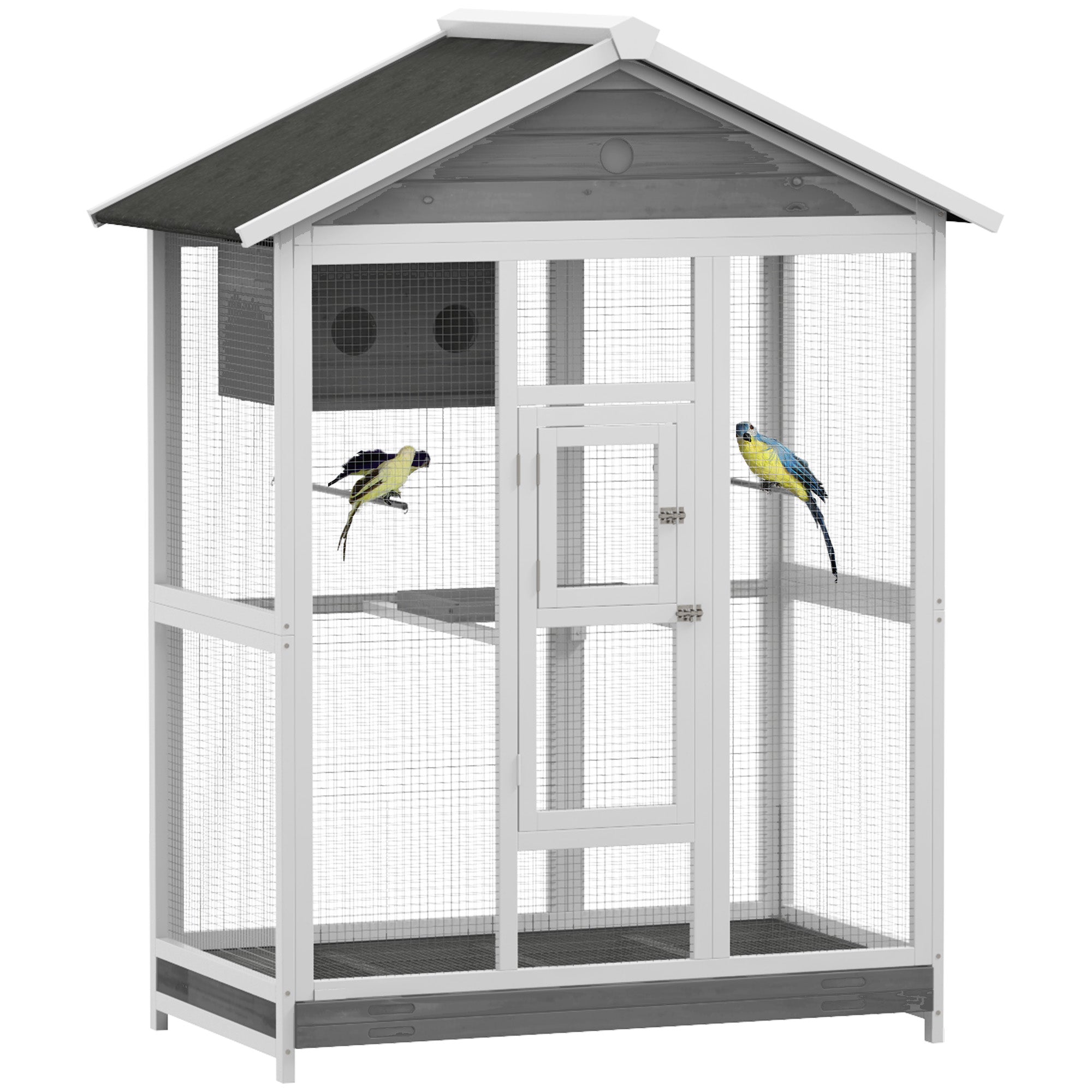 PawHut 65" Bird Cage Large Wooden Aviary for Canary with Standing Pole Nest Slide-out Tray, for Indoor Outdoor, Grey