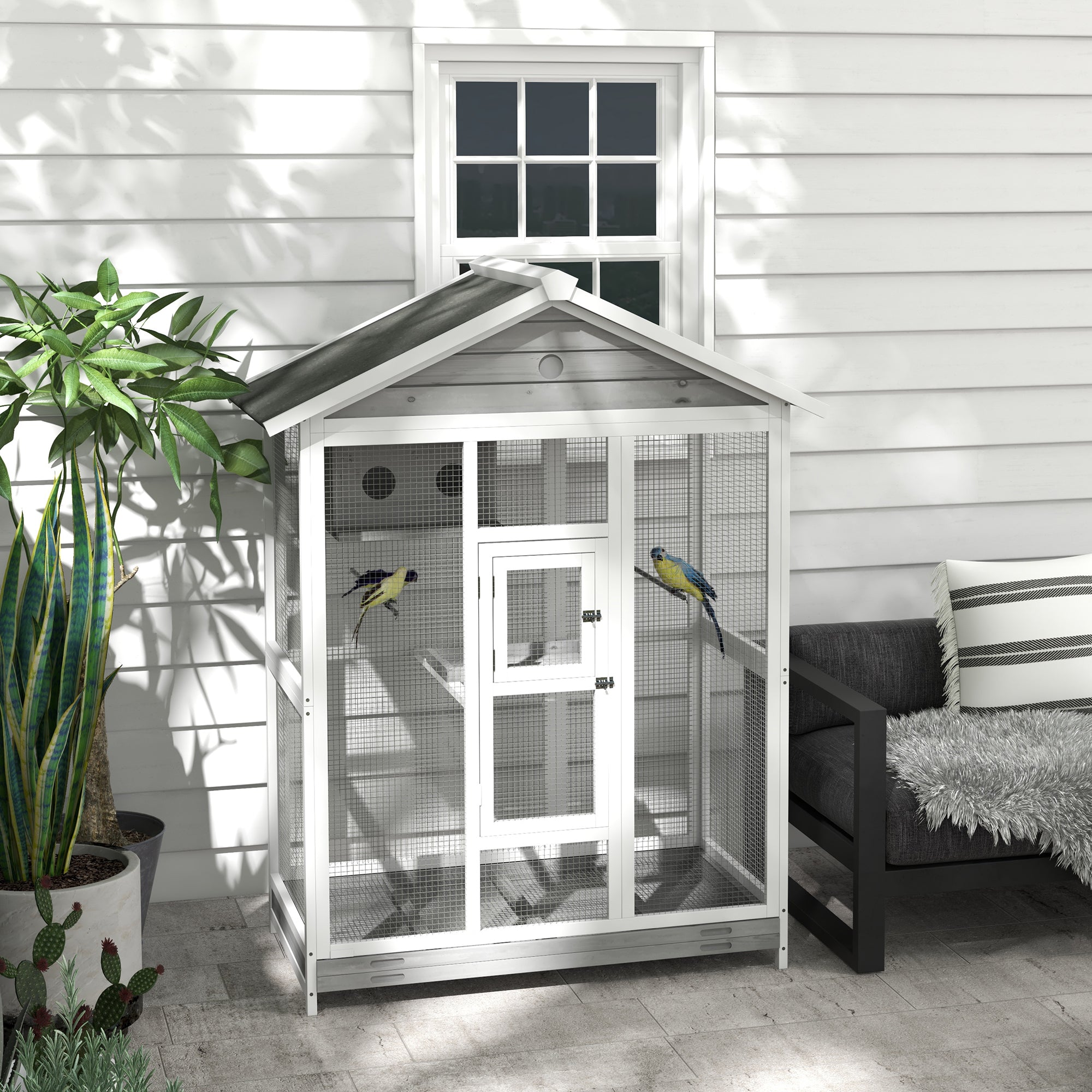 PawHut 64.5" Wooden Bird Cage Aviary, Flight Cage with 4 Perches, Nest and Slide-Out Tray for Indoor/Outdoor, Gray