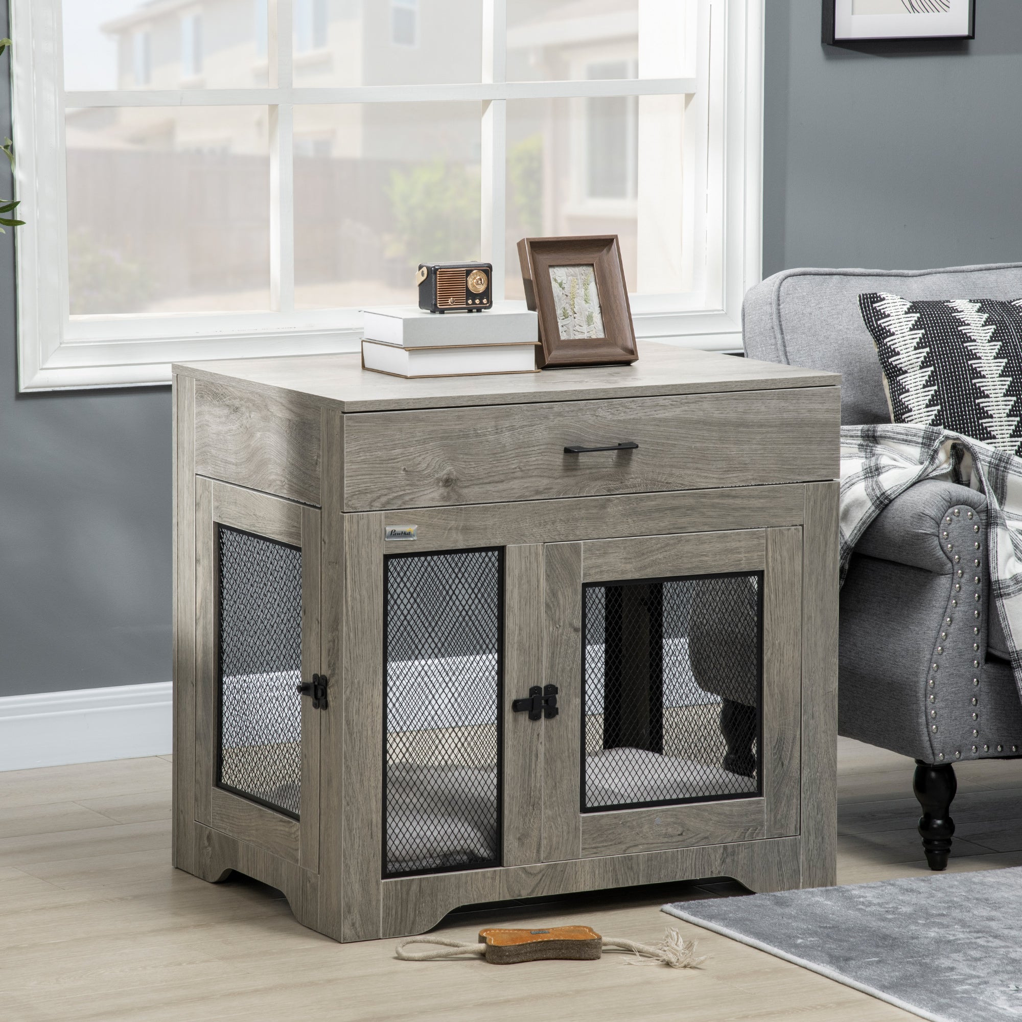 PawHut Indoor Dog Crate Furniture with Cushion, Double Doors, Pet Kennel End Table with Drawer, for Medium Dogs - Grey