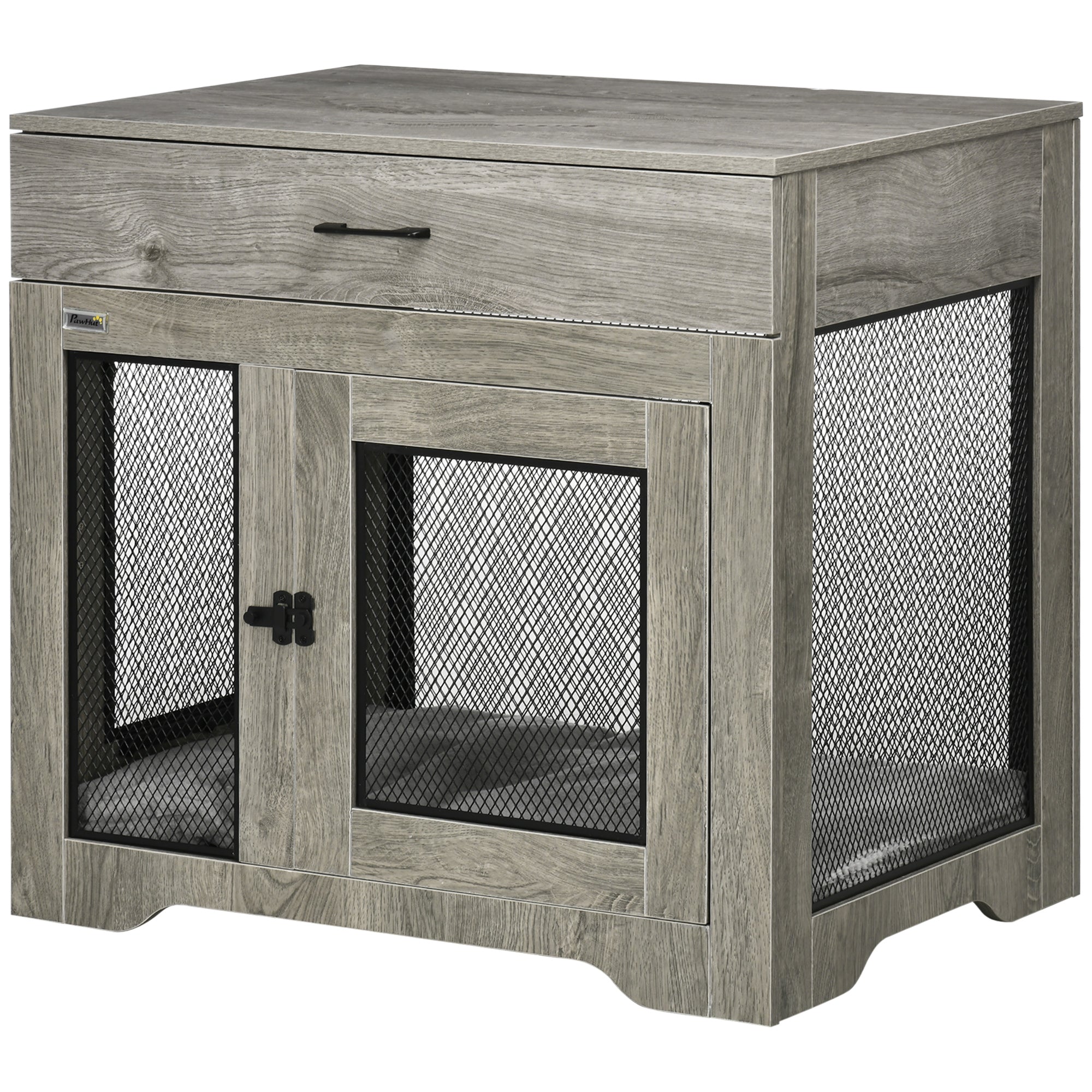PawHut Indoor Dog Crate Furniture with Cushion, Double Doors, Pet Kennel End Table with Drawer, for Medium Dogs - Grey