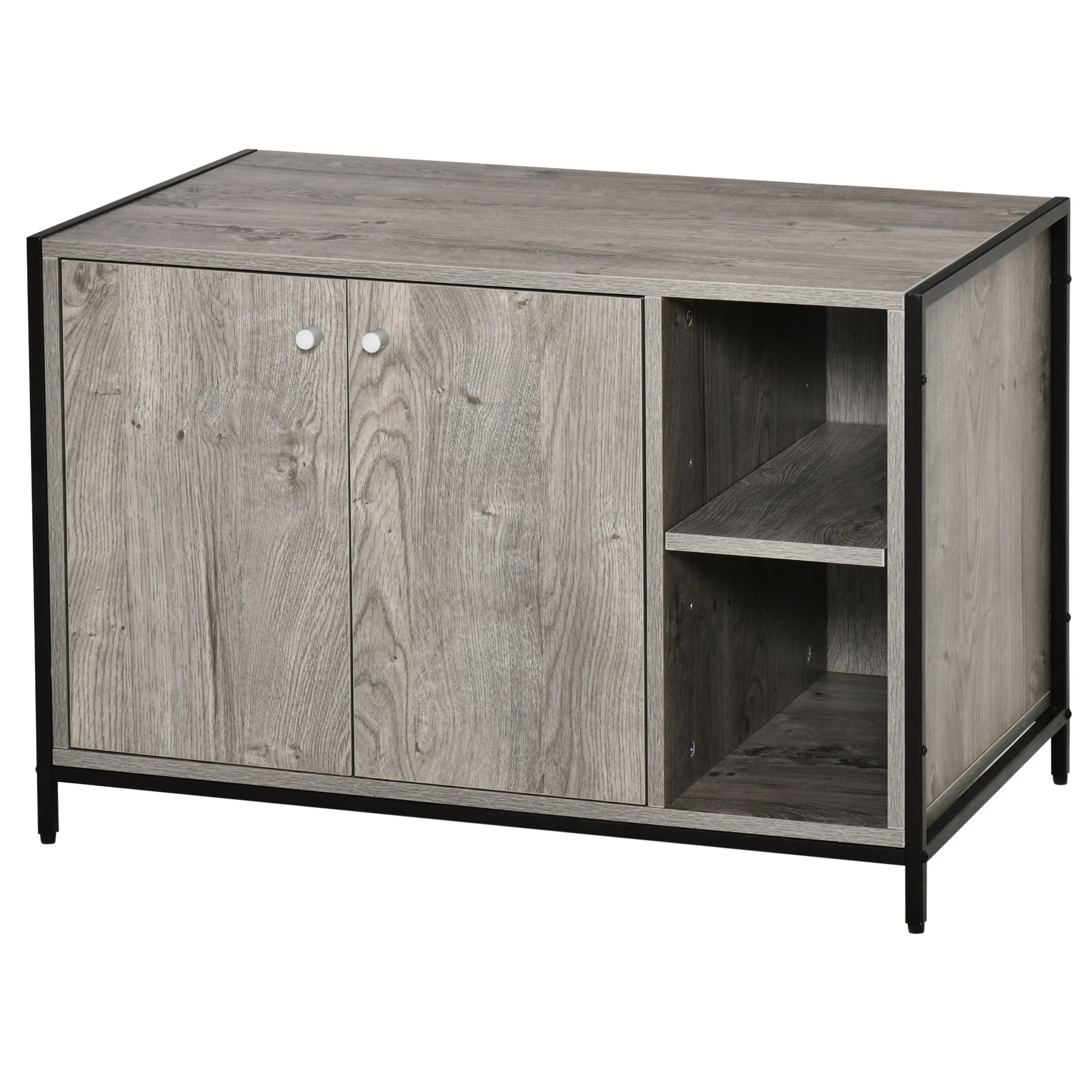 PawHut Large Wooden & Steel Cat Litter Box Enclosure, Kitten Washroom End Table, Indoor Hidden Cat House with Magnetic Doors & Storage Shelves, Gray