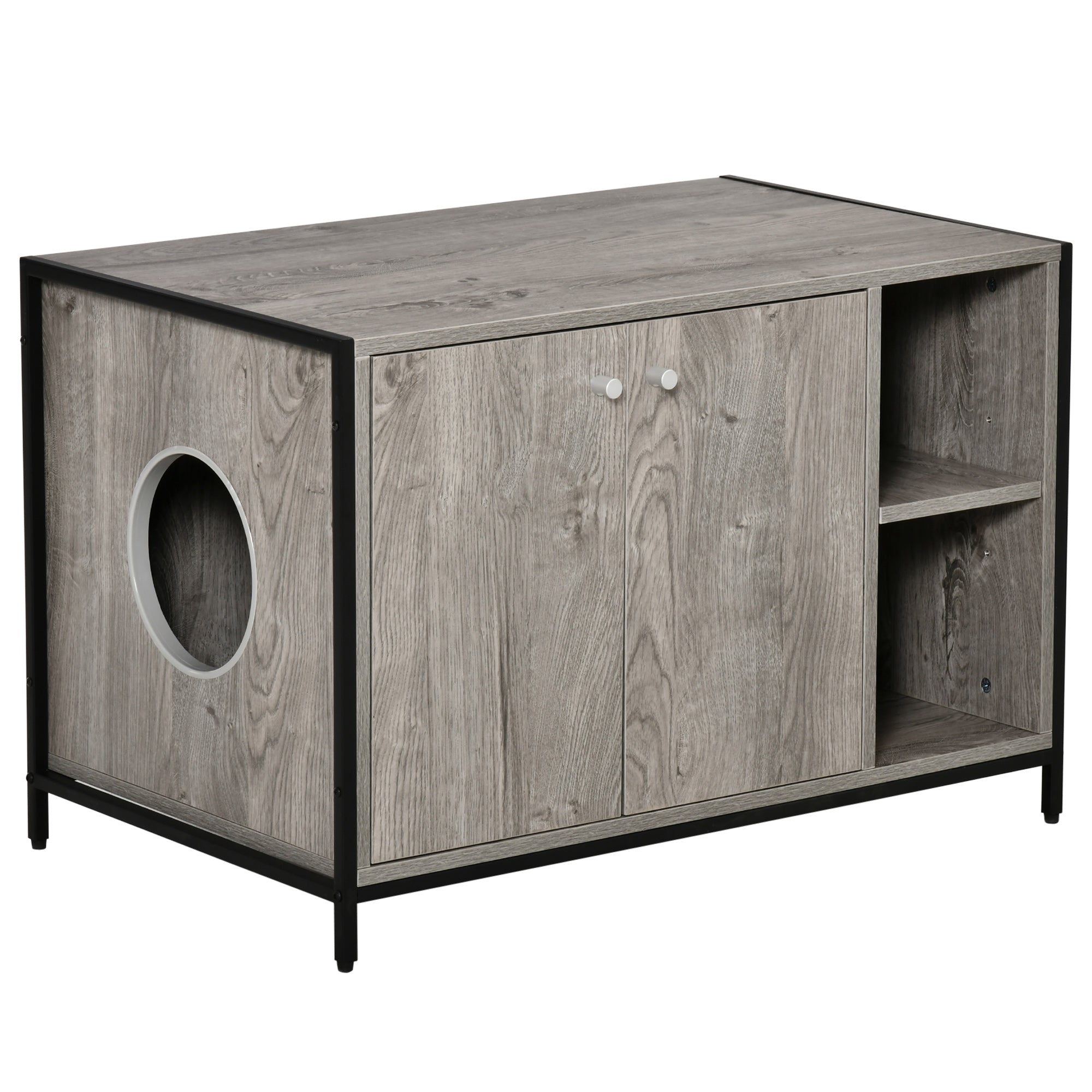 PawHut Large Wooden & Steel Cat Litter Box Enclosure, Kitten Washroom End Table, Indoor Hidden Cat House with Magnetic Doors & Storage Shelves, Gray