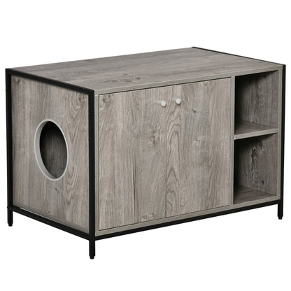 PawHut Large Wooden & Steel Cat Litter Box Enclosure, Kitten Washroom End Table, Indoor Hidden Cat House with Magnetic Doors & Storage Shelves, Gray
