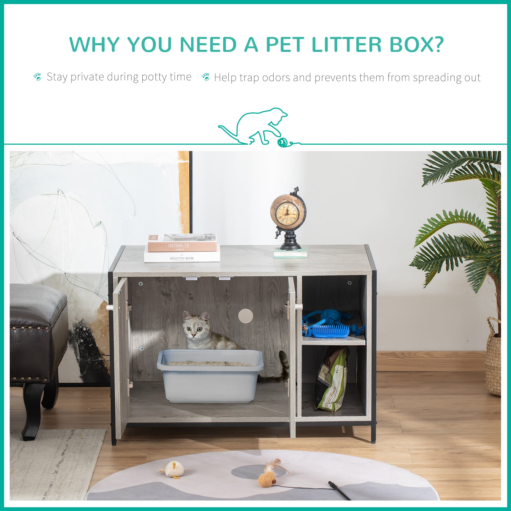 PawHut Large Wooden & Steel Cat Litter Box Enclosure, Kitten Washroom End Table, Indoor Hidden Cat House with Magnetic Doors & Storage Shelves, Gray