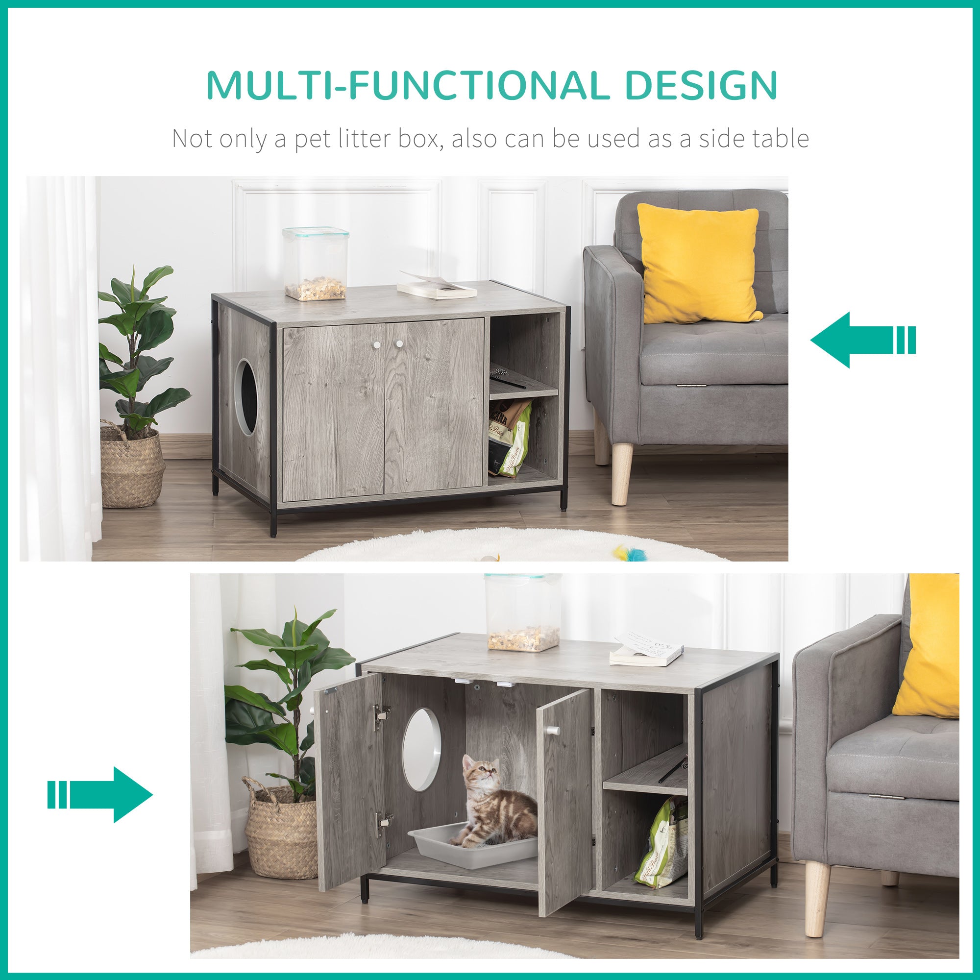 PawHut Large Wooden & Steel Cat Litter Box Enclosure, Kitten Washroom End Table, Indoor Hidden Cat House with Magnetic Doors & Storage Shelves, Gray