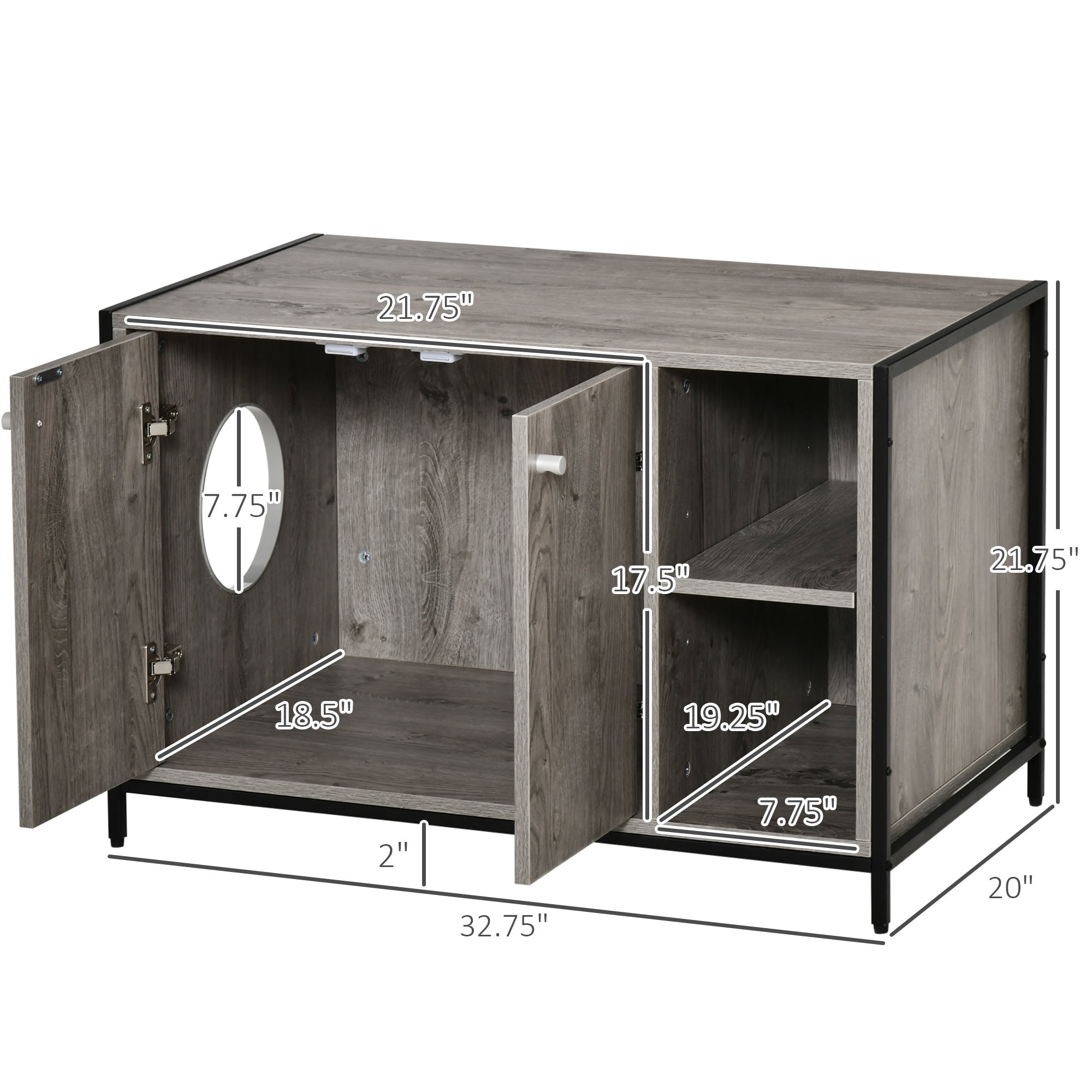 PawHut Large Wooden & Steel Cat Litter Box Enclosure, Kitten Washroom End Table, Indoor Hidden Cat House with Magnetic Doors & Storage Shelves, Gray