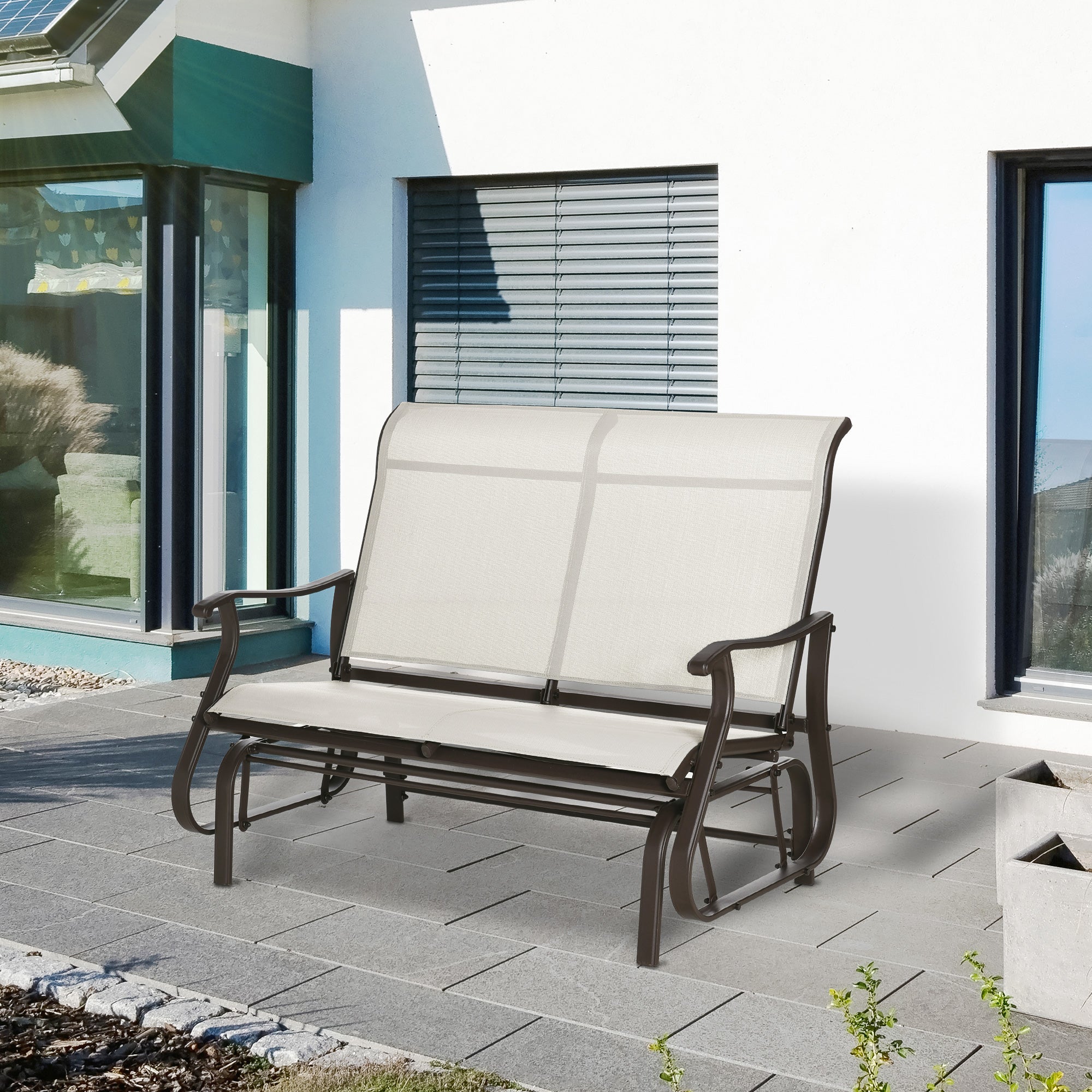 Outsunny 2-Person Outdoor Glider Chair, Patio Glider Rocking Chair with Mesh Seat and Backrest, Steel Frame for Outdoor, Backyard, Cream White