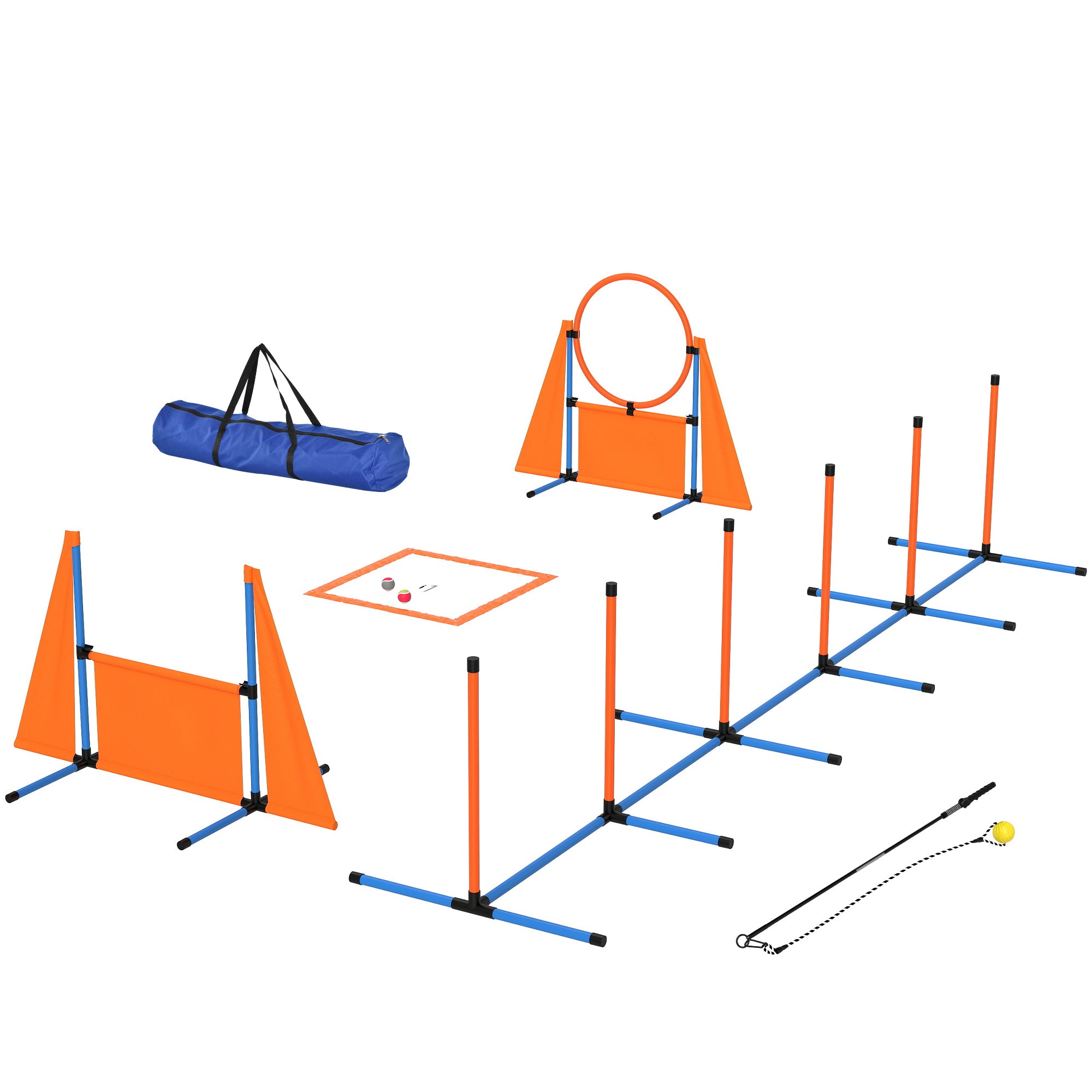 PawHut Dog Agility Equipment, 7-Piece Pet Agility Training Set with Weave Poles, Jump Ring and Hurdle, Pause Box and Carry Bag, Obstacle Training Course Kit, Orange