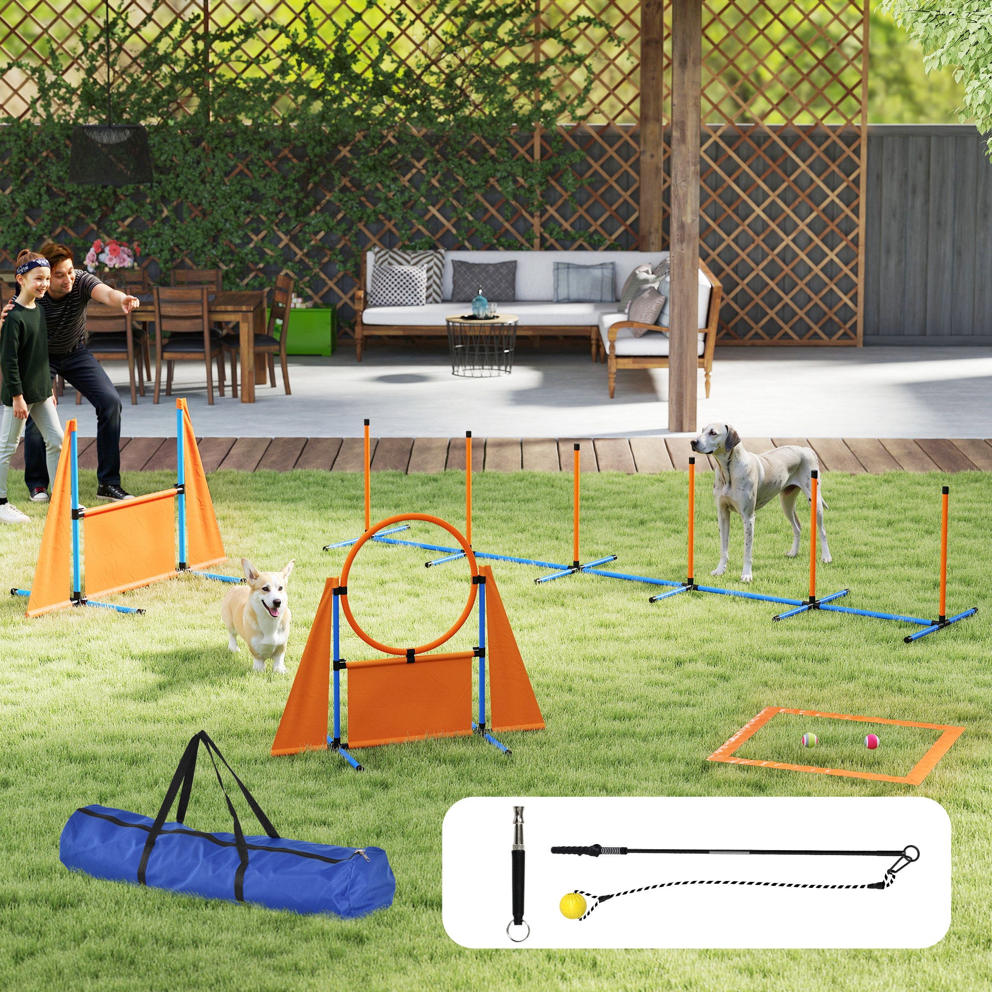 PawHut Dog Agility Equipment, 7-Piece Pet Agility Training Set with Weave Poles, Jump Ring and Hurdle, Pause Box and Carry Bag, Obstacle Training Course Kit, Orange