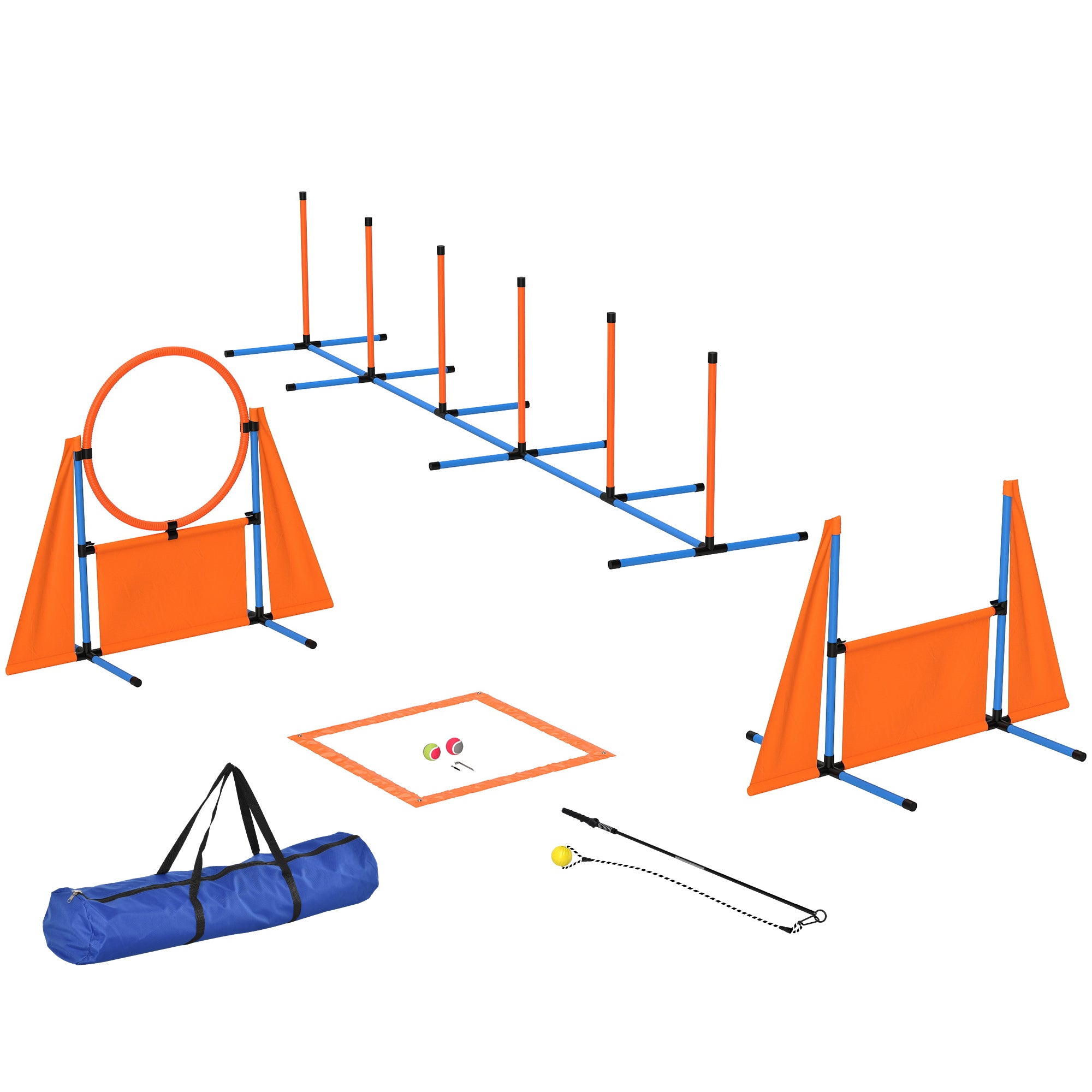 PawHut Dog Agility Equipment, 7-Piece Pet Agility Training Set with Weave Poles, Jump Ring and Hurdle, Pause Box and Carry Bag, Obstacle Training Course Kit, Orange