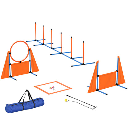 PawHut Dog Agility Equipment, 7-Piece Pet Agility Training Set with Weave Poles, Jump Ring and Hurdle, Pause Box and Carry Bag, Obstacle Training Course Kit, Orange