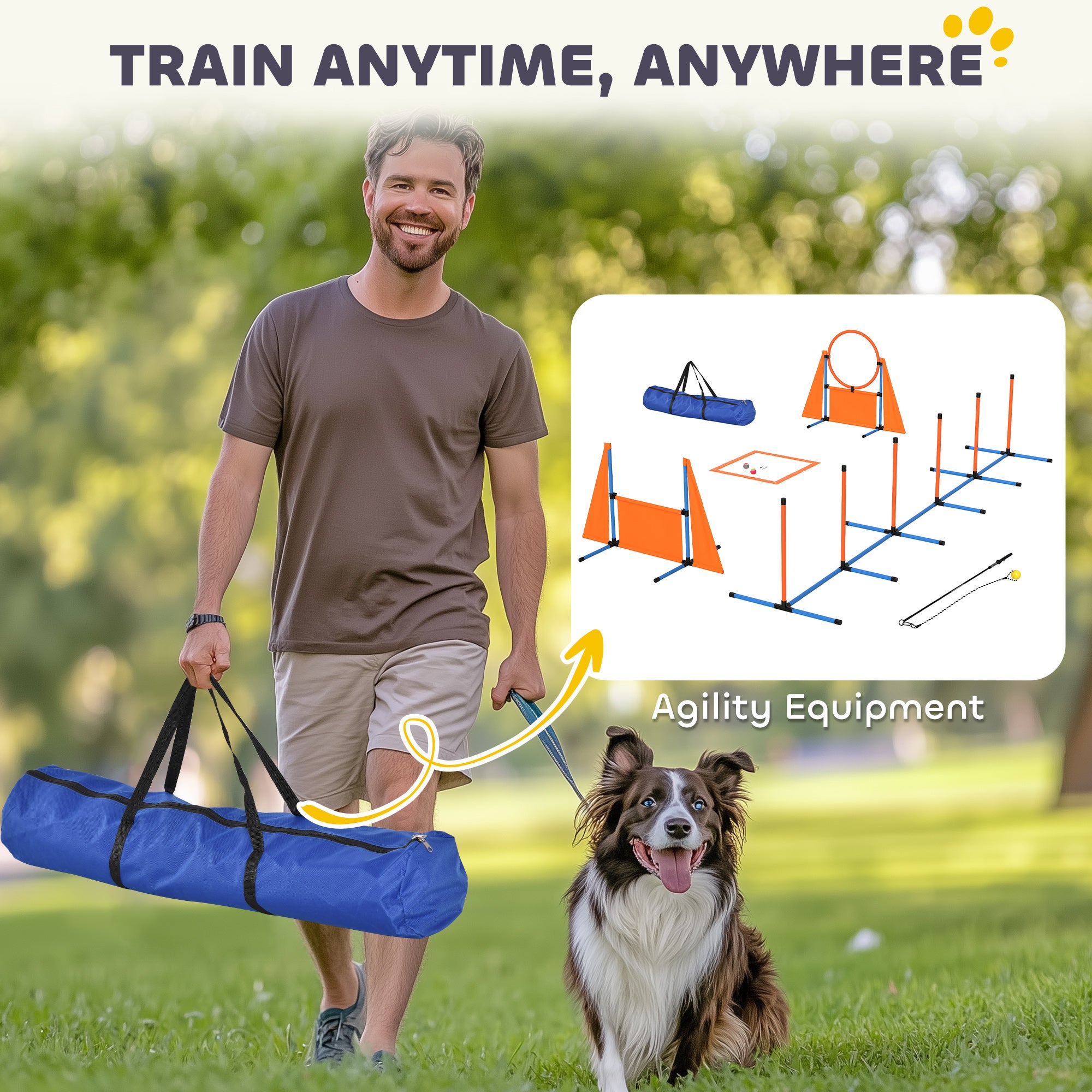 PawHut Dog Agility Equipment, 7-Piece Pet Agility Training Set with Weave Poles, Jump Ring and Hurdle, Pause Box and Carry Bag, Obstacle Training Course Kit, Orange