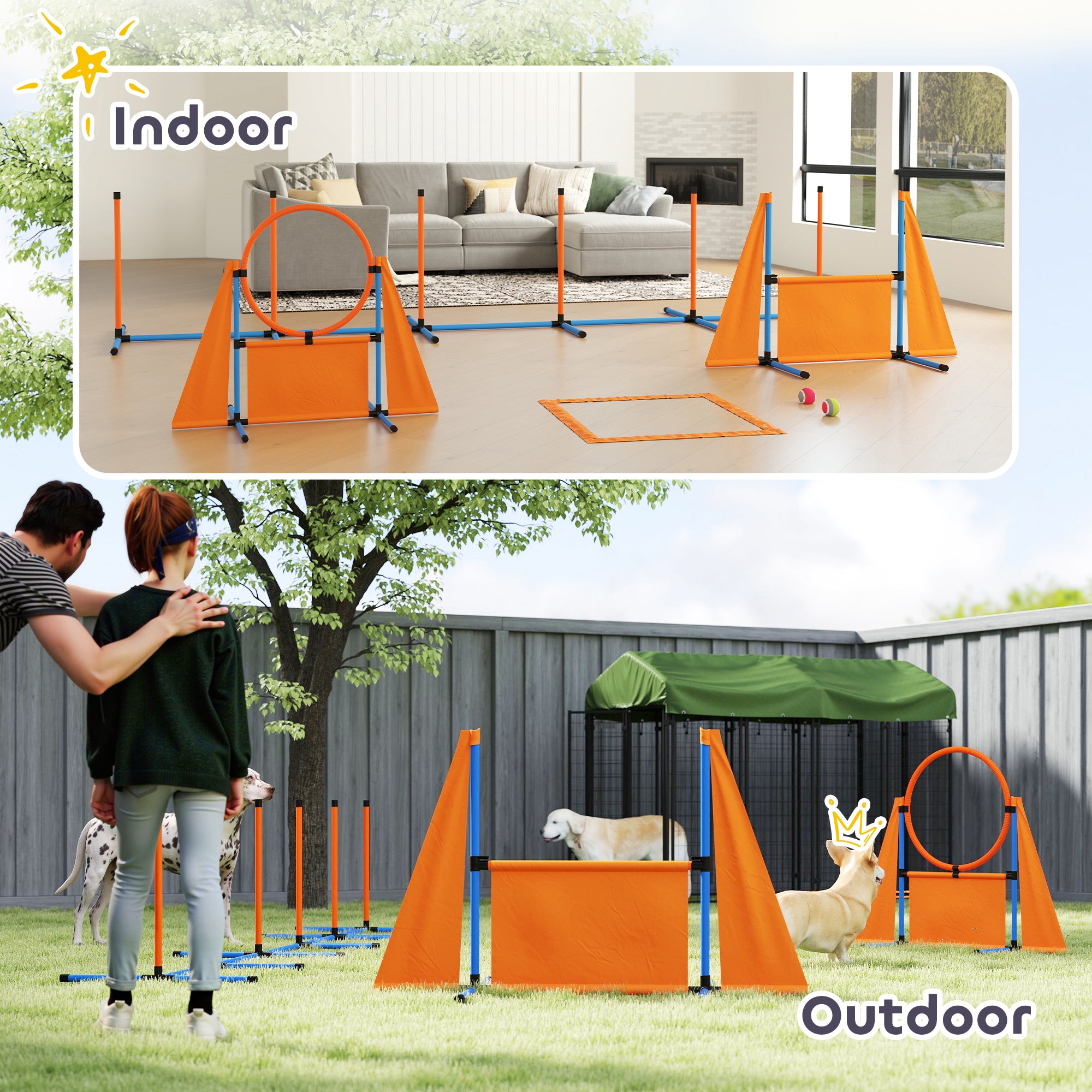 PawHut Dog Agility Equipment, 7-Piece Pet Agility Training Set with Weave Poles, Jump Ring and Hurdle, Pause Box and Carry Bag, Obstacle Training Course Kit, Orange