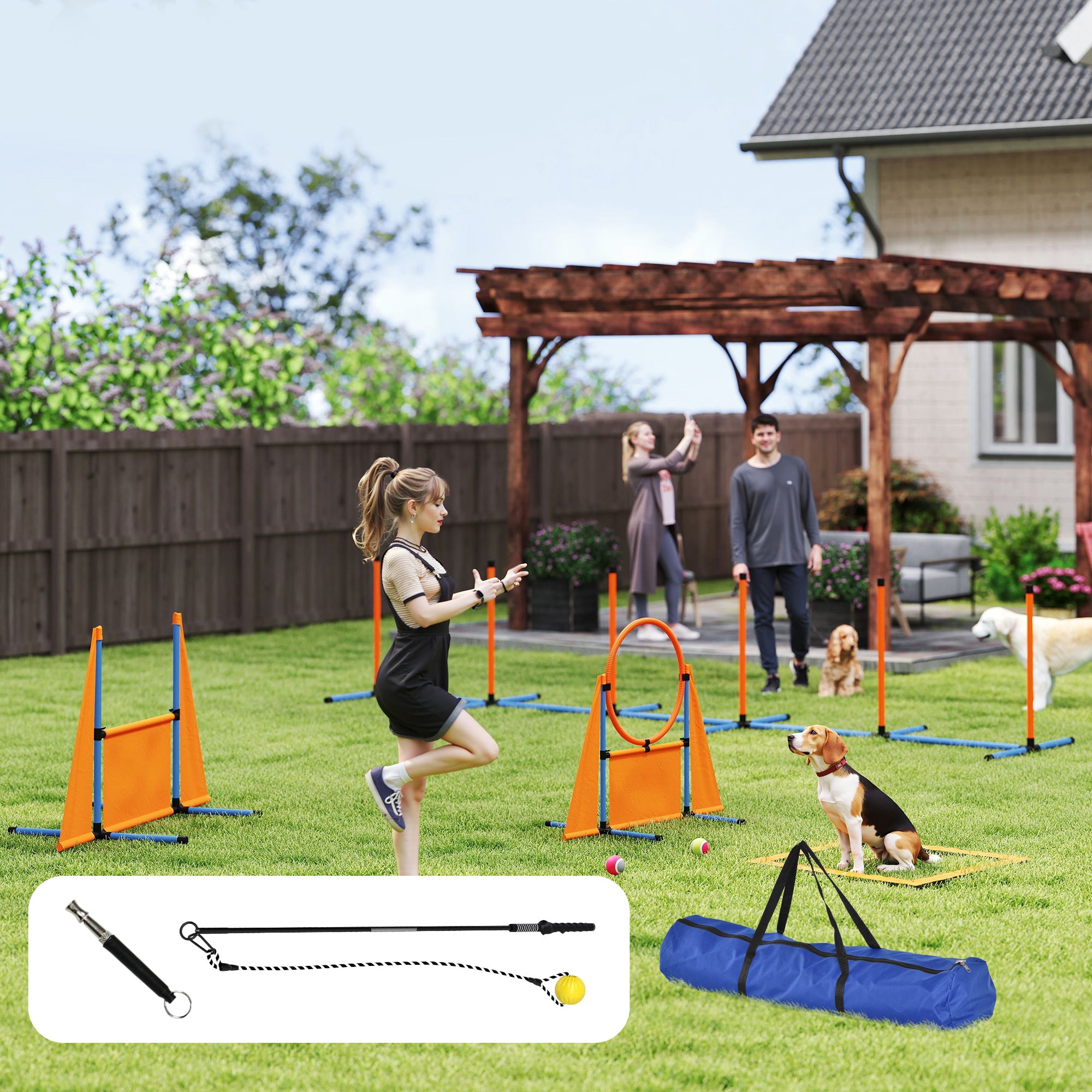 PawHut Dog Agility Equipment, 7-Piece Pet Agility Training Set with Weave Poles, Jump Ring and Hurdle, Pause Box and Carry Bag, Obstacle Training Course Kit, Orange
