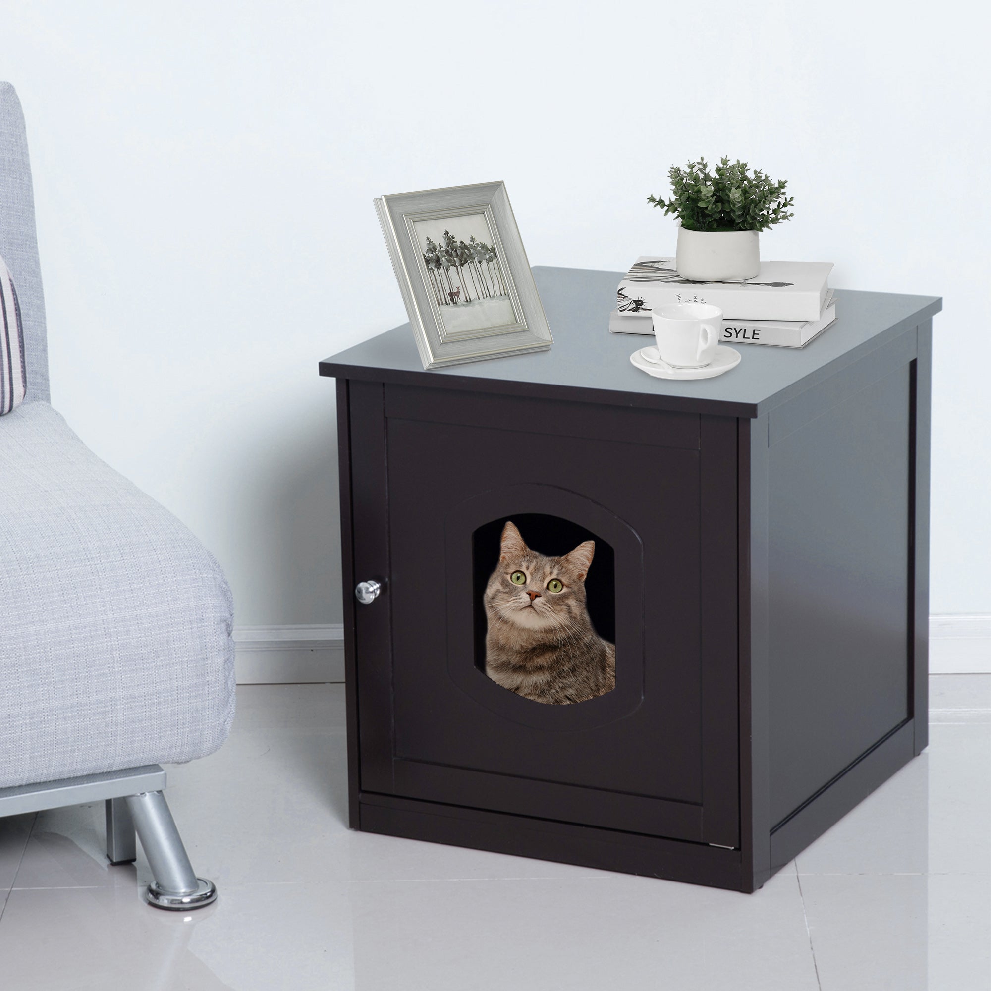 PawHut 2 in 1 Litter Box Enclosure Toilet Wooden Cat House Litter Tray Cover Pet Bed Home Furniture for Living Room Bedroom 51 x 48 x 51 cm (Dark Brown)